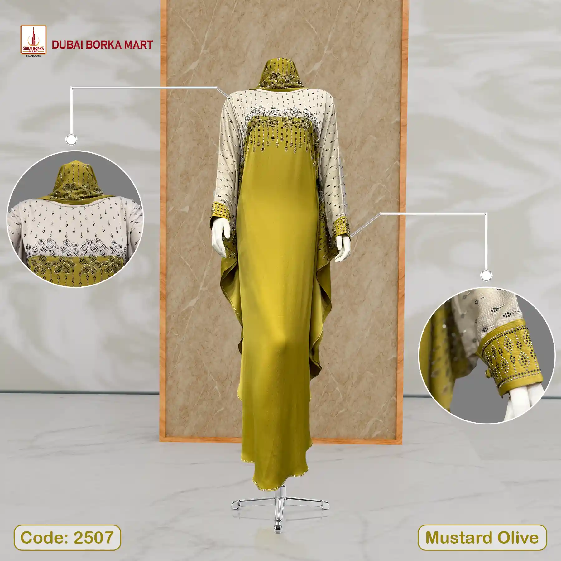 Contrast Abaya By Dubai Borka Mart, Code: 2507 Mustard Olive