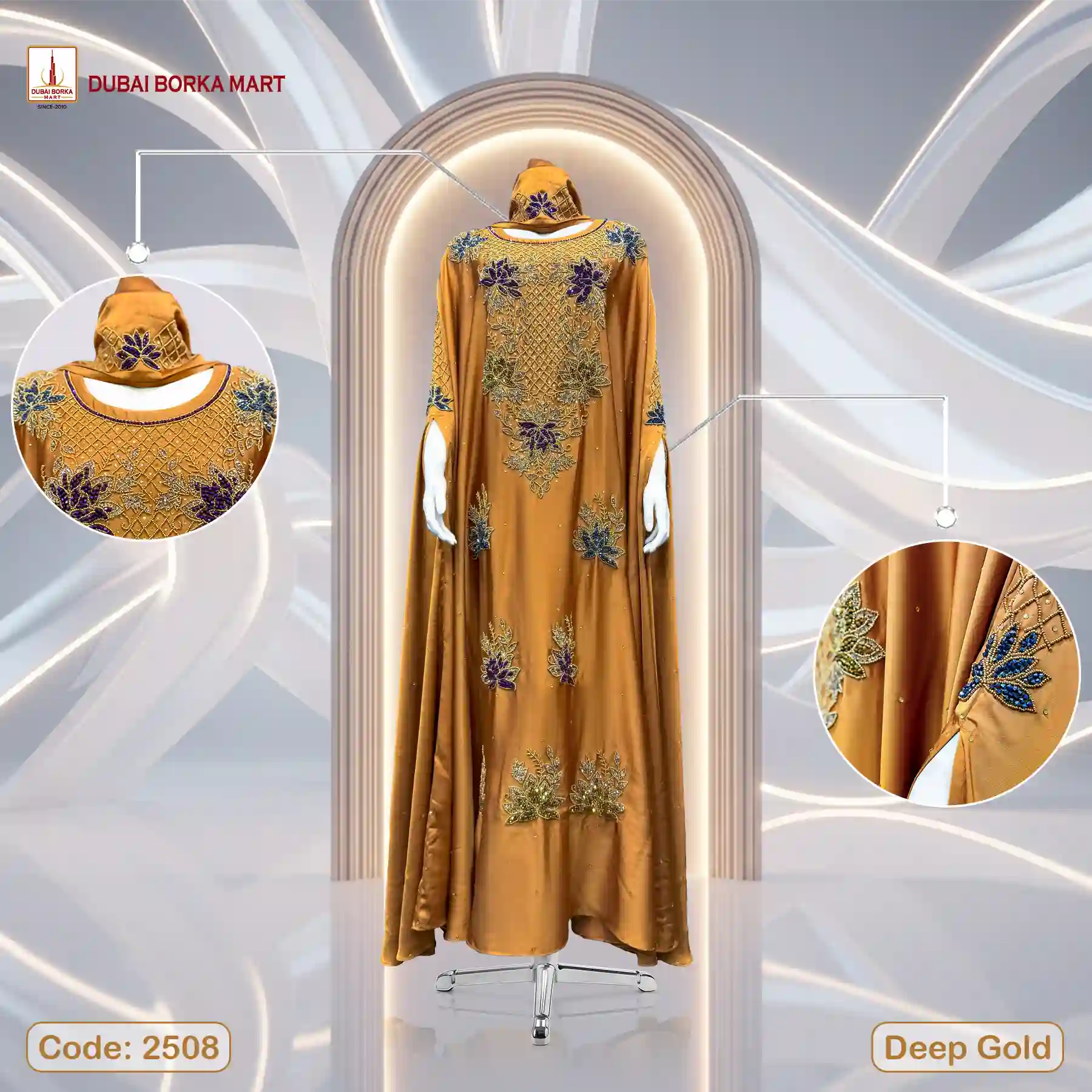 Karchupi Work Abaya By Dubai Borka Mart Code: 2508, Deep Gold