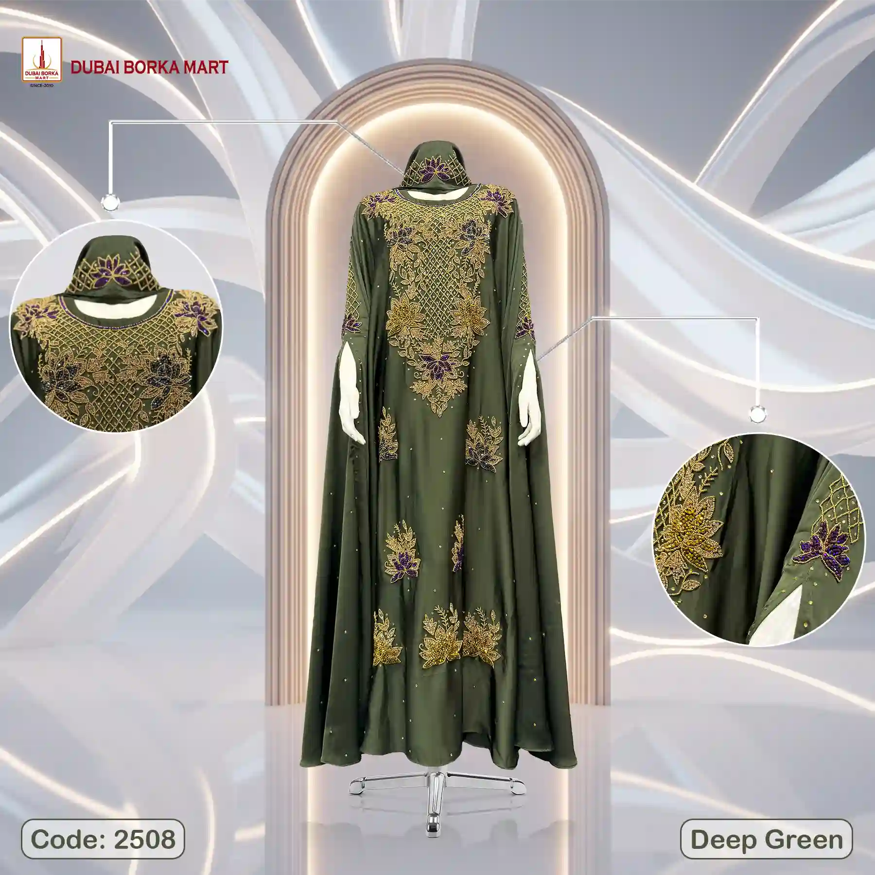 Karchupi Work Abaya By Dubai Borka Mart Code: 2508, Deep Green