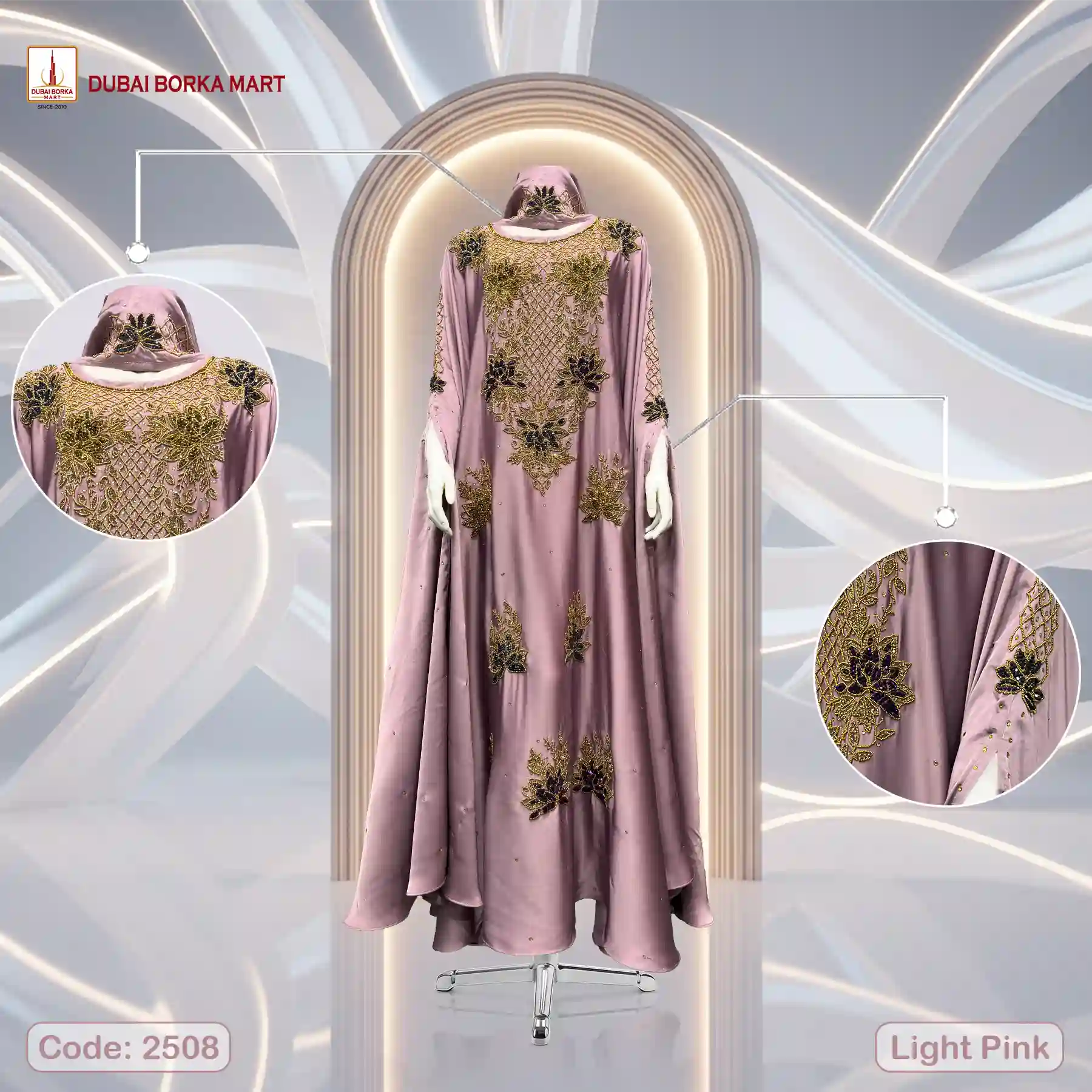 Karchupi Work Abaya By Dubai Borka Mart Code: 2508, Light Pink