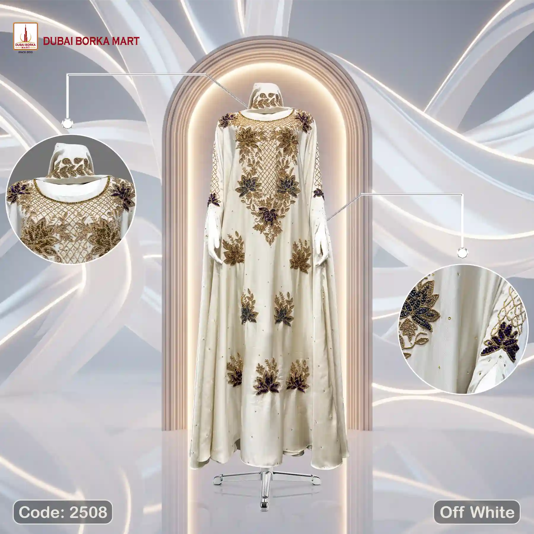 Karchupi Work Abaya By Dubai Borka Mart Code: 2508, Off-White