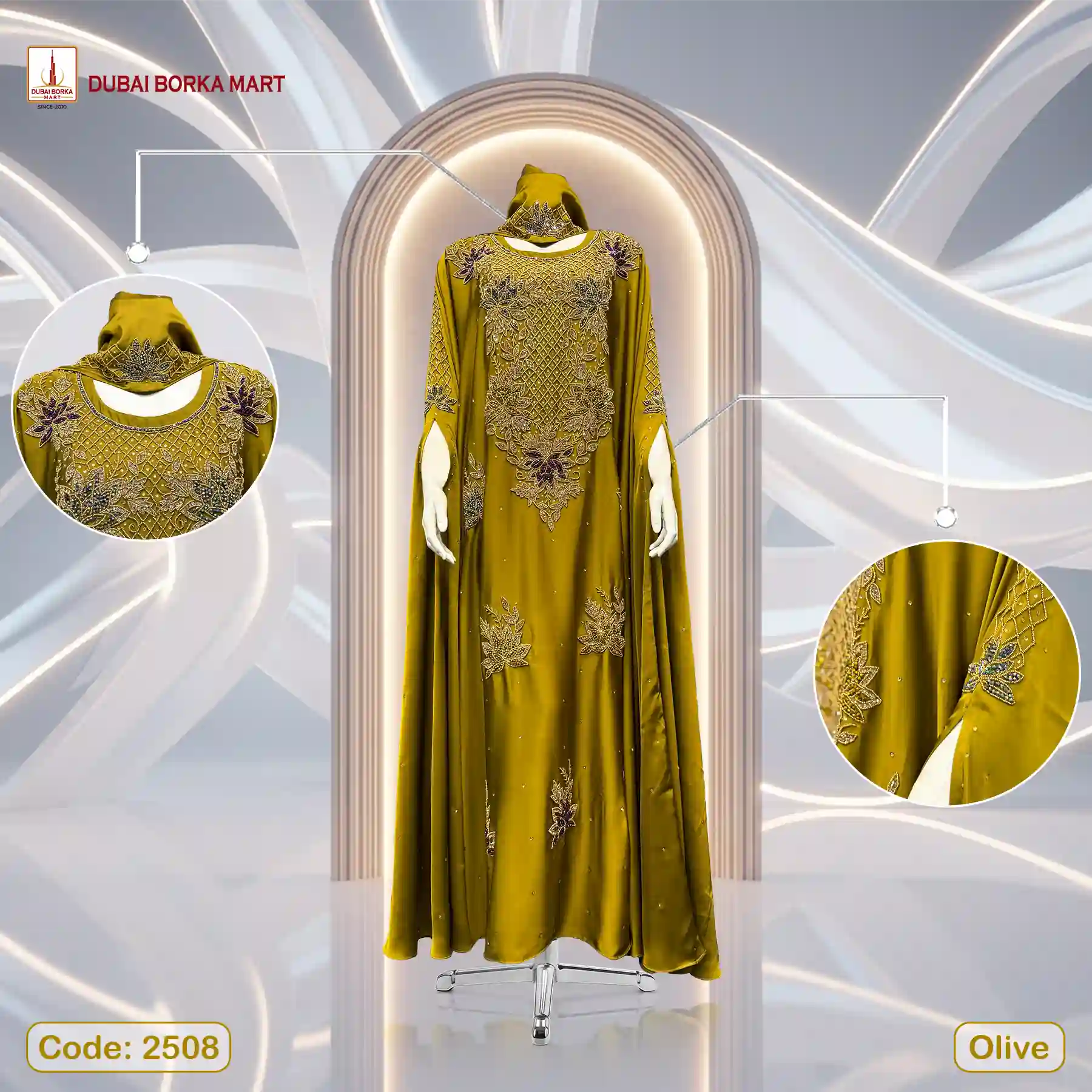 Karchupi Work Abaya By Dubai Borka Mart Code: 2508, Olive