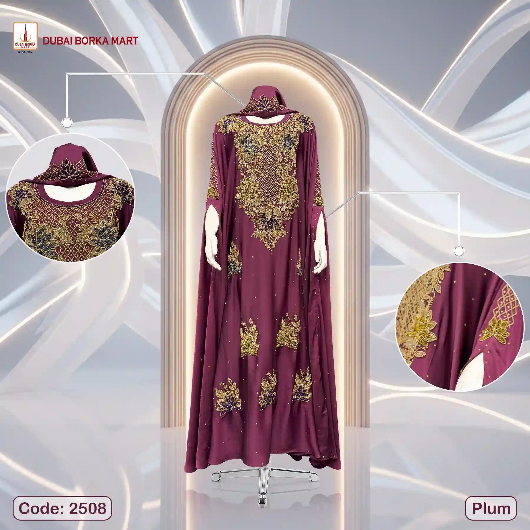 Karchupi Work Abaya By Dubai Borka Mart Code: 2508, Plum