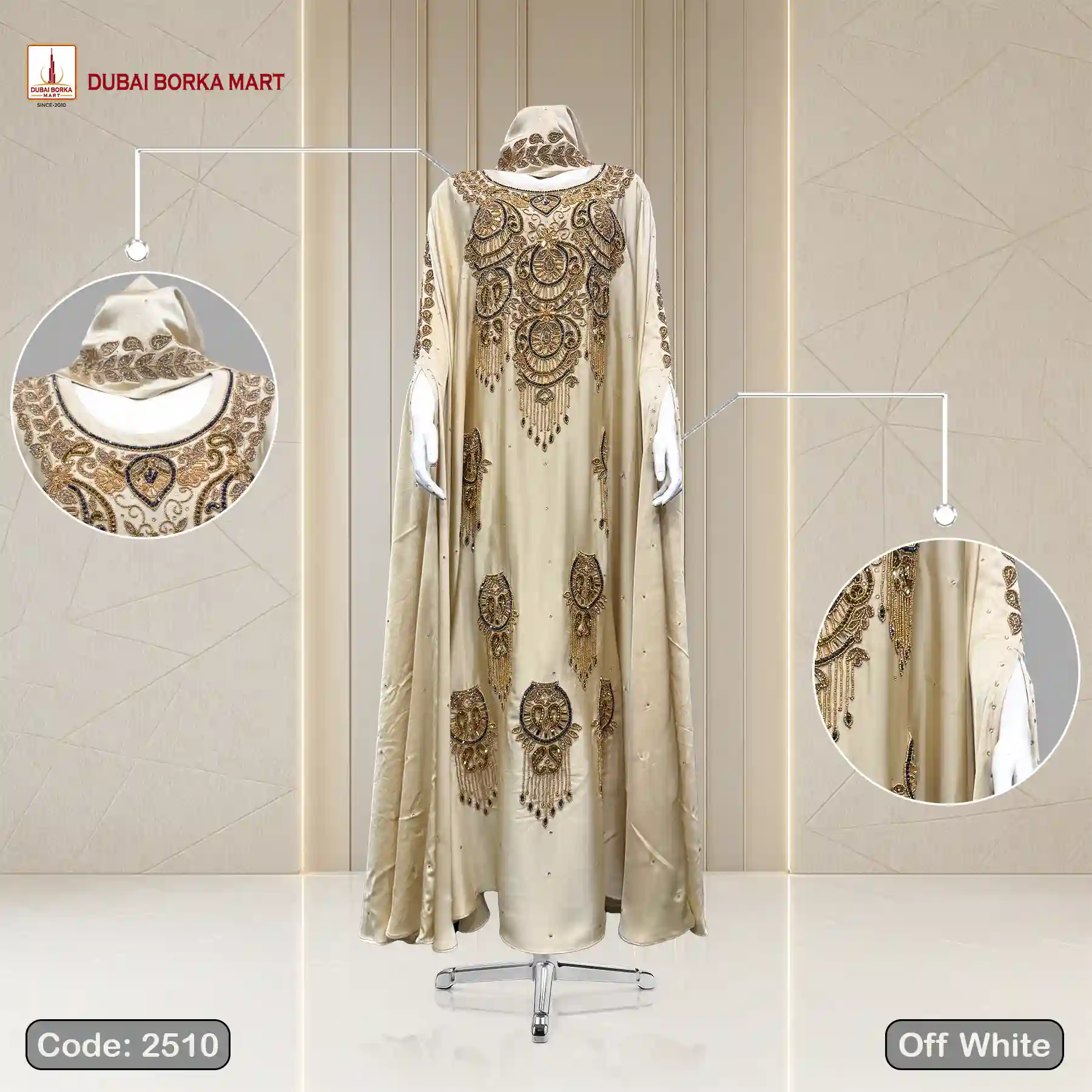 Karchupi Work Abaya by Dubai Borka Mart, Code: 2510, Off White