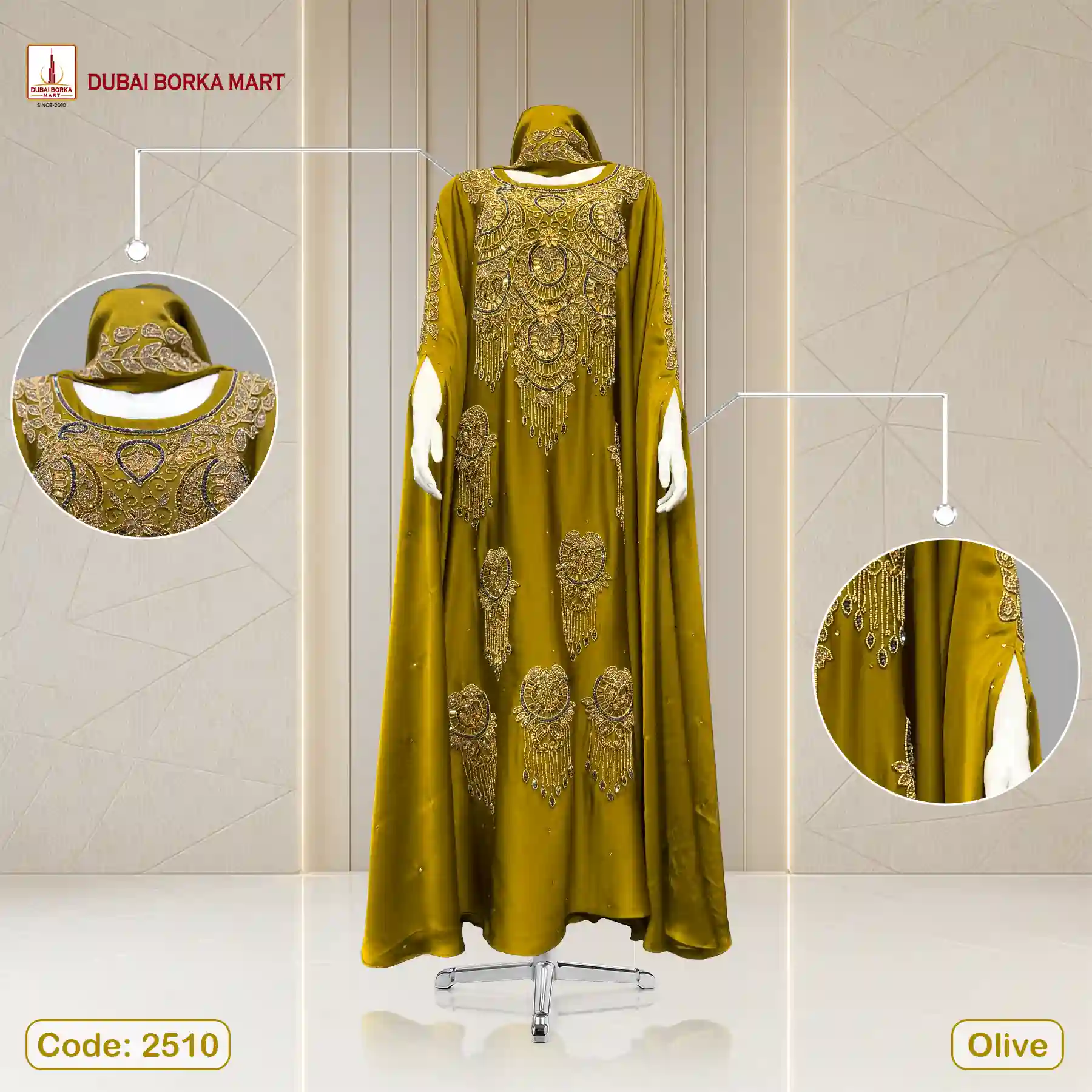 Karchupi Work Abaya by Dubai Borka Mart, Code: 2510, Olive