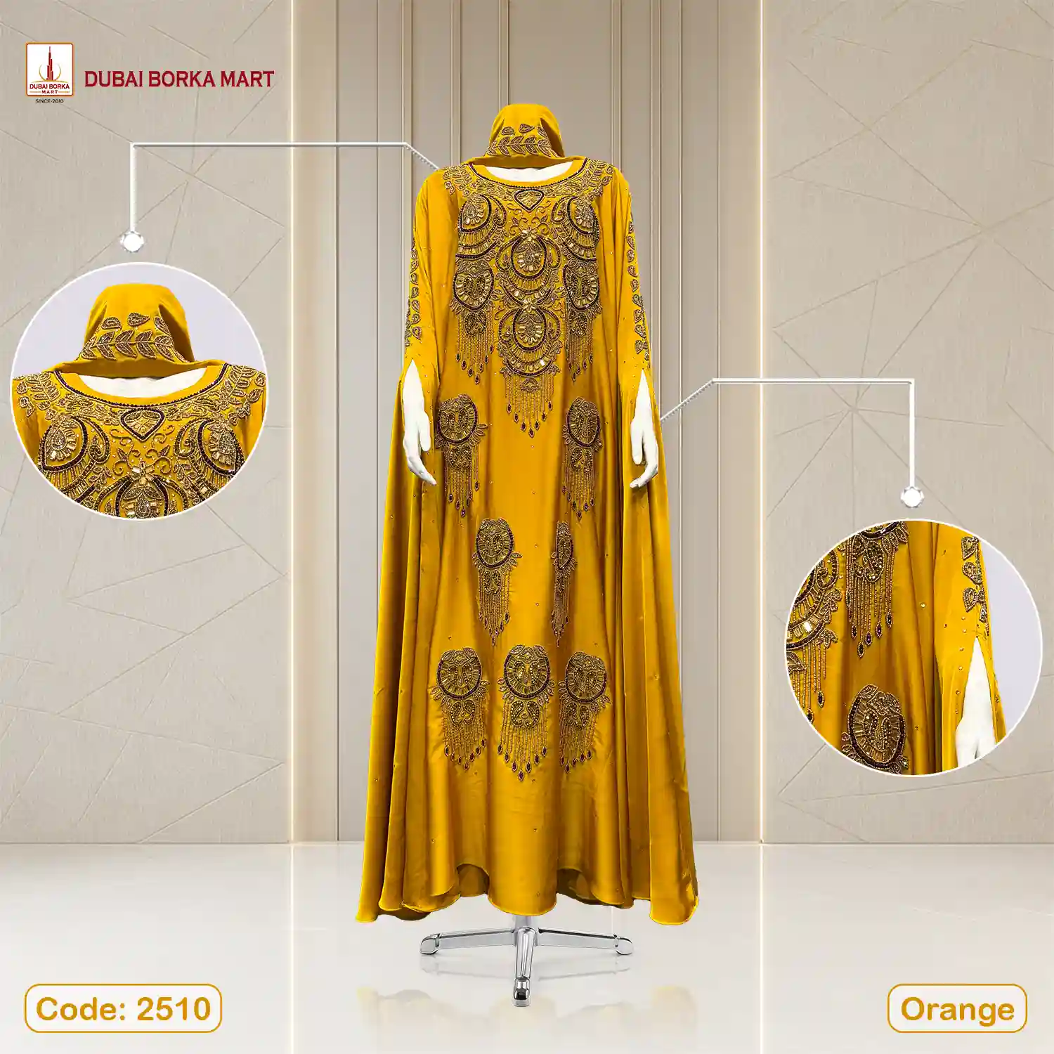 Karchupi Work Abaya by Dubai Borka Mart, Code: 2510, Orange
