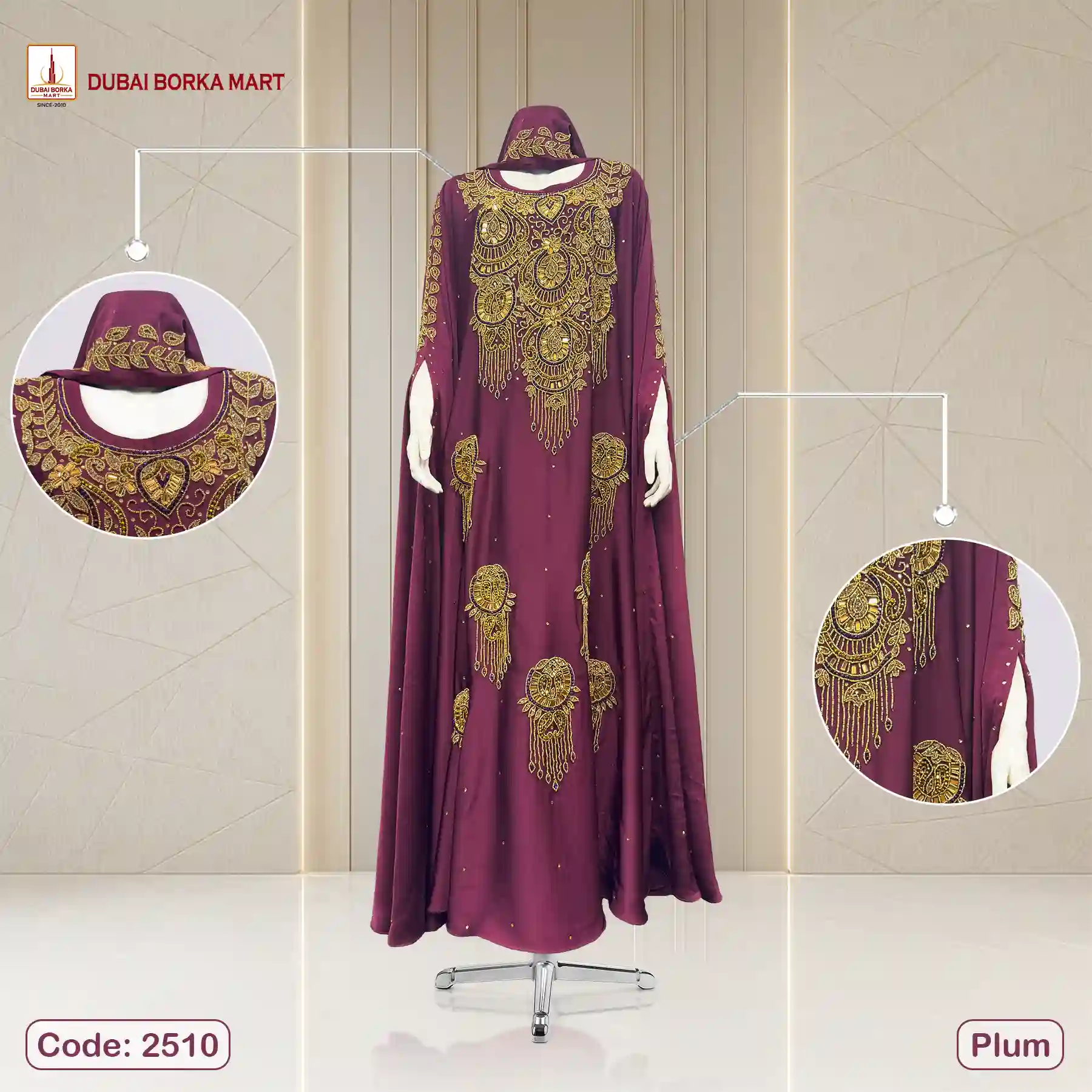 Karchupi Work Abaya by Dubai Borka Mart, Code: 2510 Plum