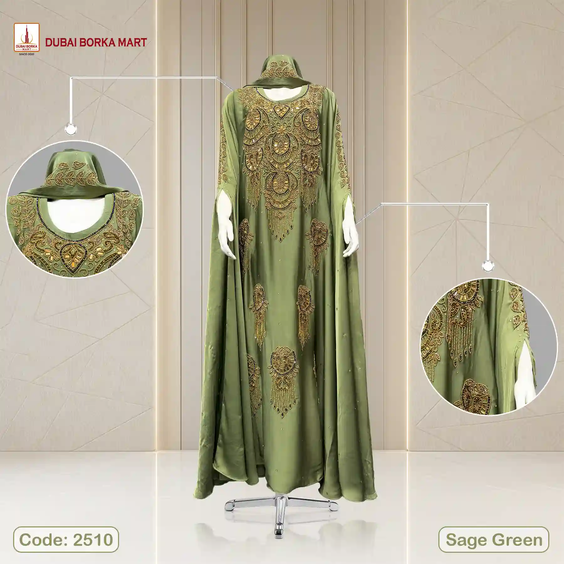 Karchupi Work Abaya by Dubai Borka Mart, Code: 2510, Sage Green