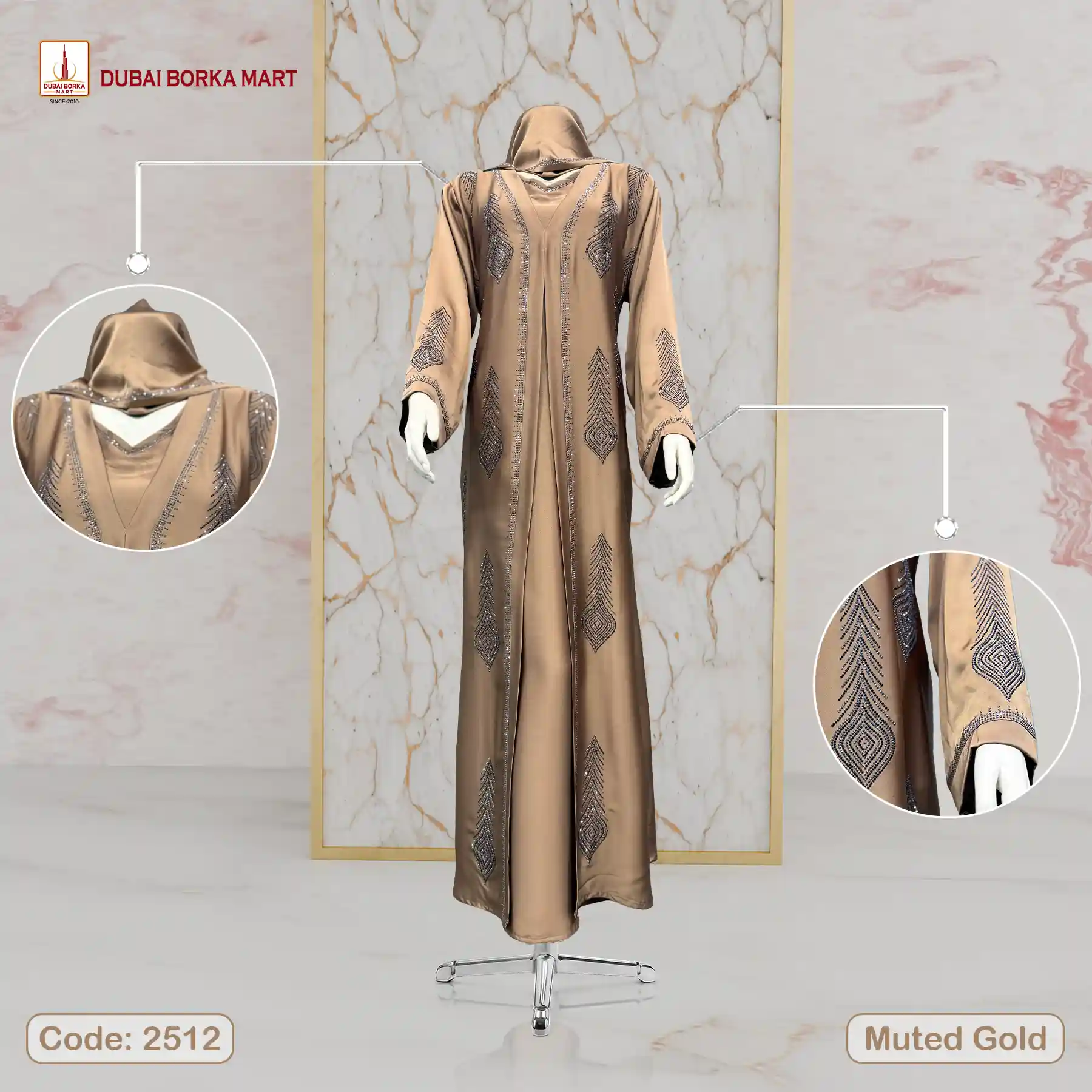 Premium Crystal Fabric Adjust Koti Borka by Dubai Borka Mart, Code: 2512 Muted Gold