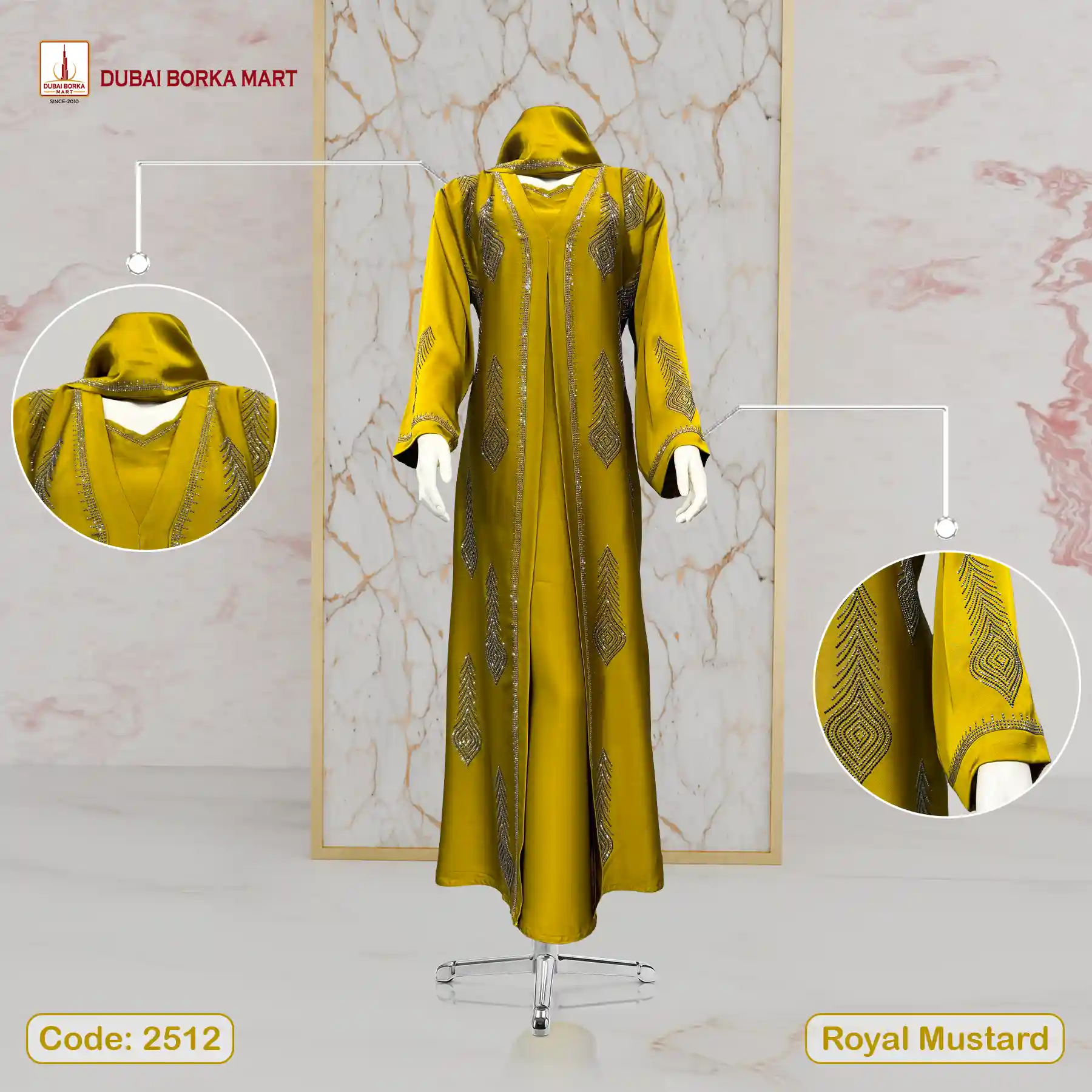 Premium Crystal Fabric Adjust Koti Borka by Dubai Borka Mart, Code: 2512 Royal Mustard