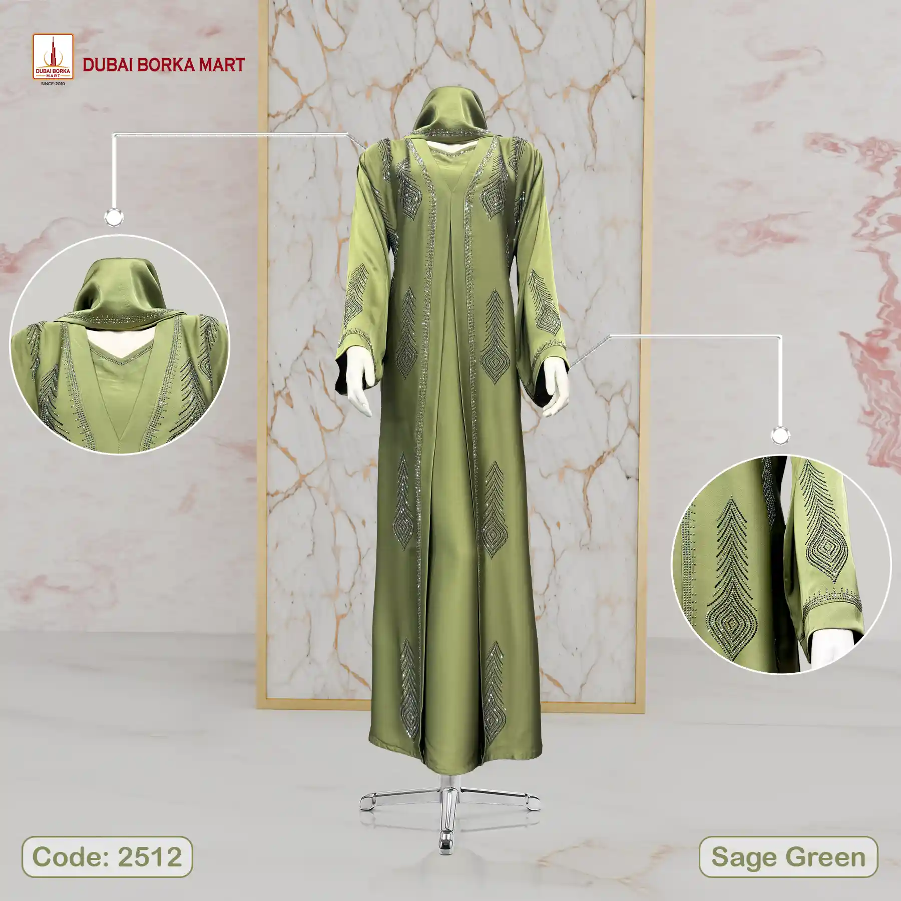 Premium Crystal Fabric Adjust Koti Borka by Dubai Borka Mart, Code: 2512 Sage Green