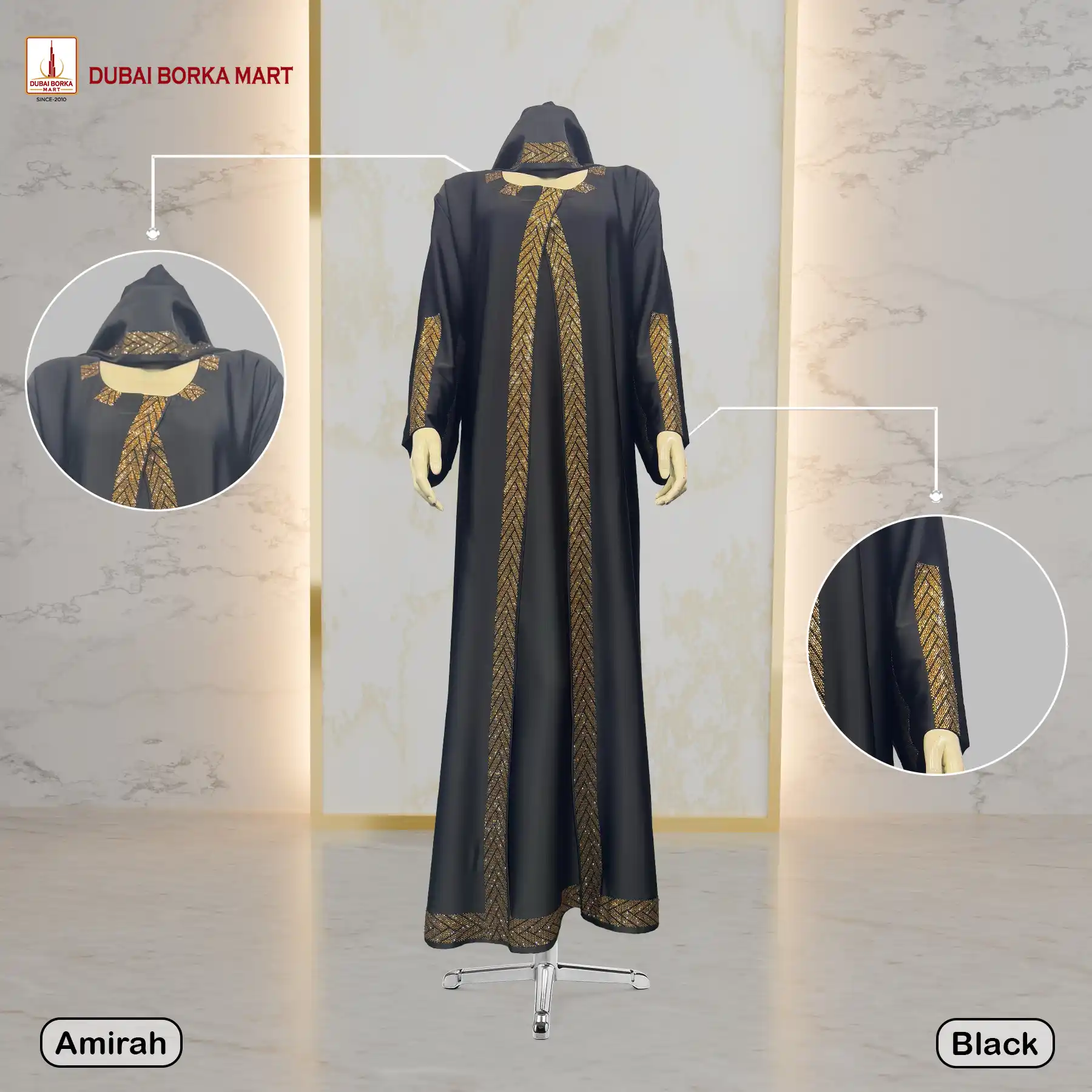 Premium Amirah Black Borka – 2-Part Borka Design with Dubai Premium Lace Stone