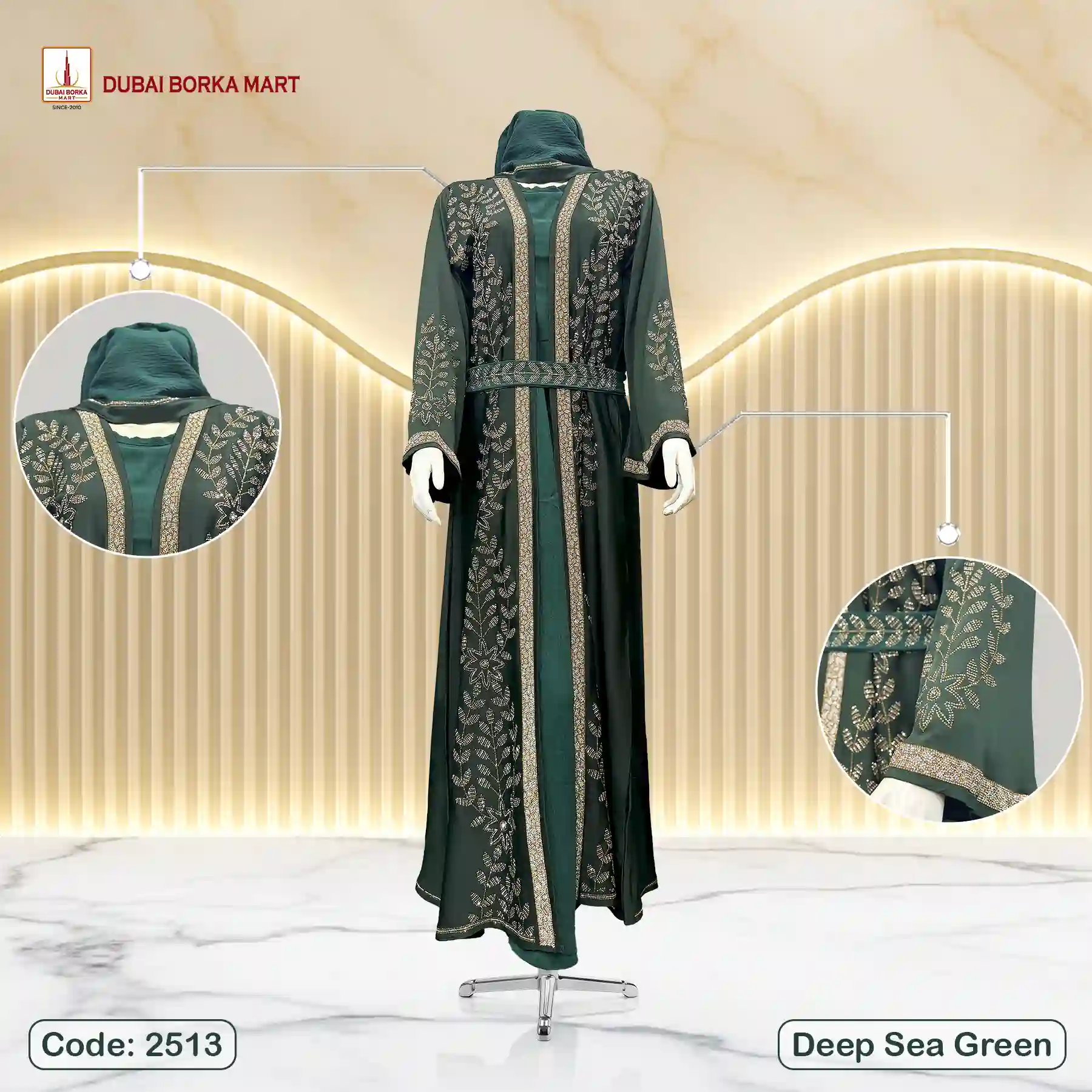 Premium Saffron Fabric Extra Koti Borka with Belt by Dubai Borka Mart, Code: 2513 Deep Sea Green
