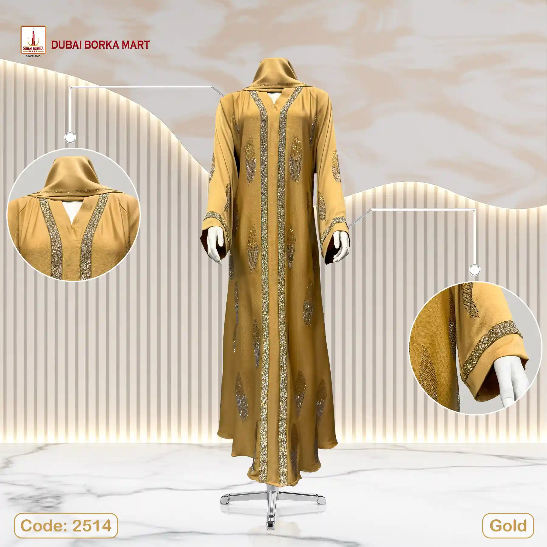Premium Saffron Fabric Borka by Dubai Borka Mart, Code: 2514 Gold