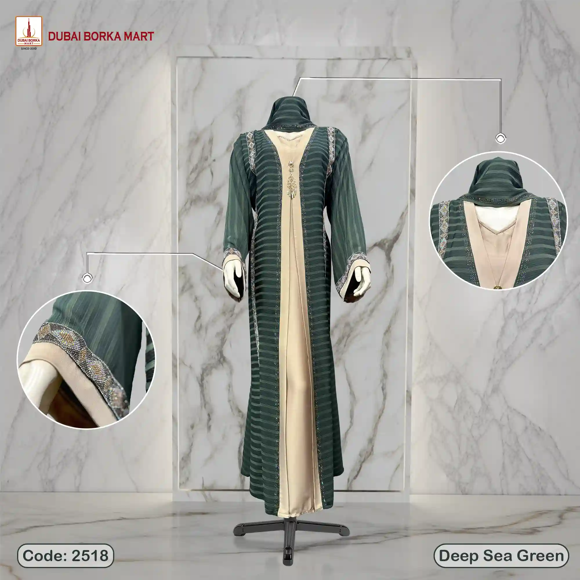 Zoom Stripe Fabrics Borka With Exclusive Austrian Swarovski Stone, Code: 2518, Deep Sea Green