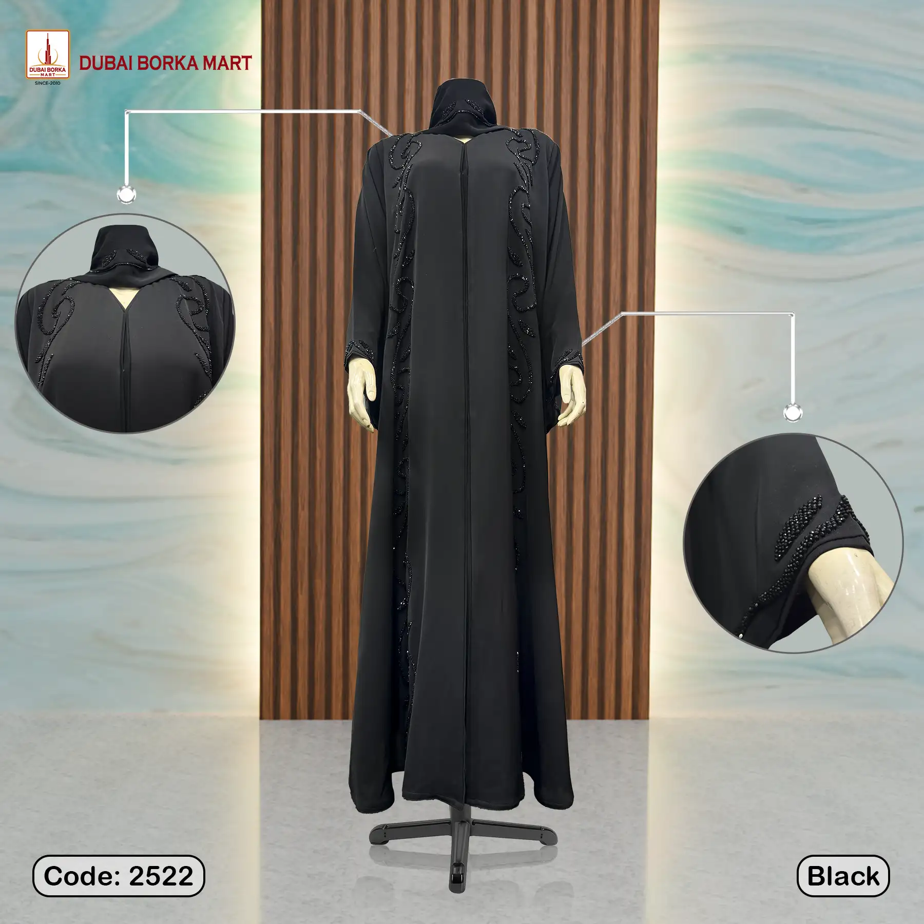 Dubai Imported Luxury Handmade Karchupi Work Borka, Code: 2522, Black
