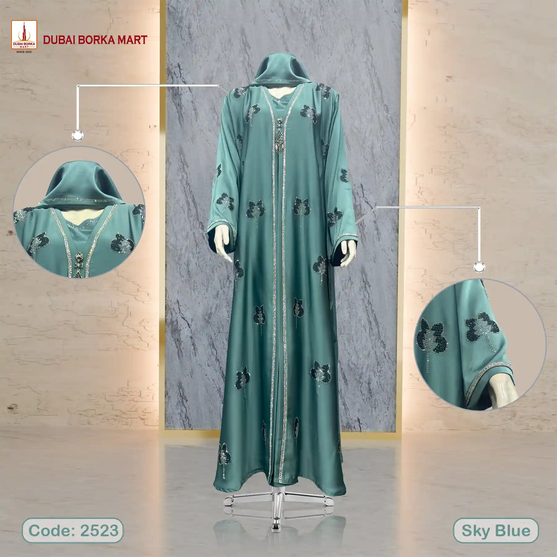 Crystal Fabrics Borka With Exclusive Rose Stone, Code: 2523, Sky Blue, Head