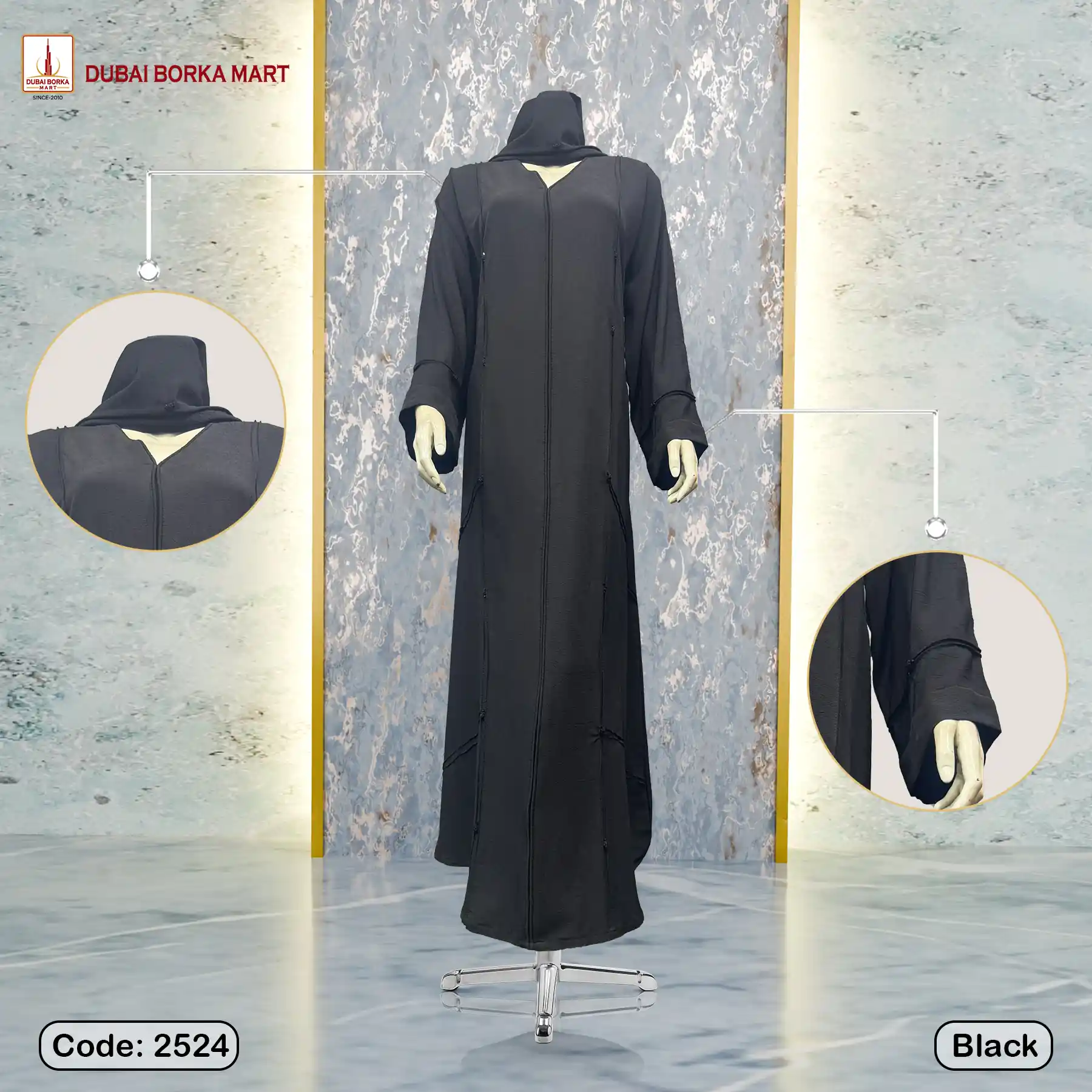 Dubai Arrowa Fabrics Borka With Karchupi Work, Code: 2524, Black