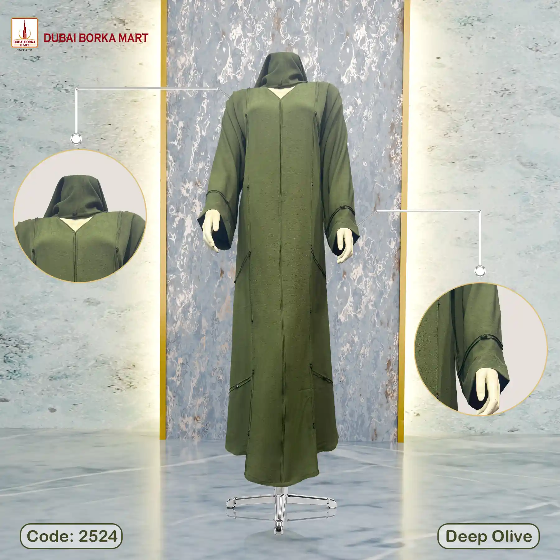 Dubai Arrowa Fabrics Borka With Karchupi Work, Code: 2524, Deep Olive