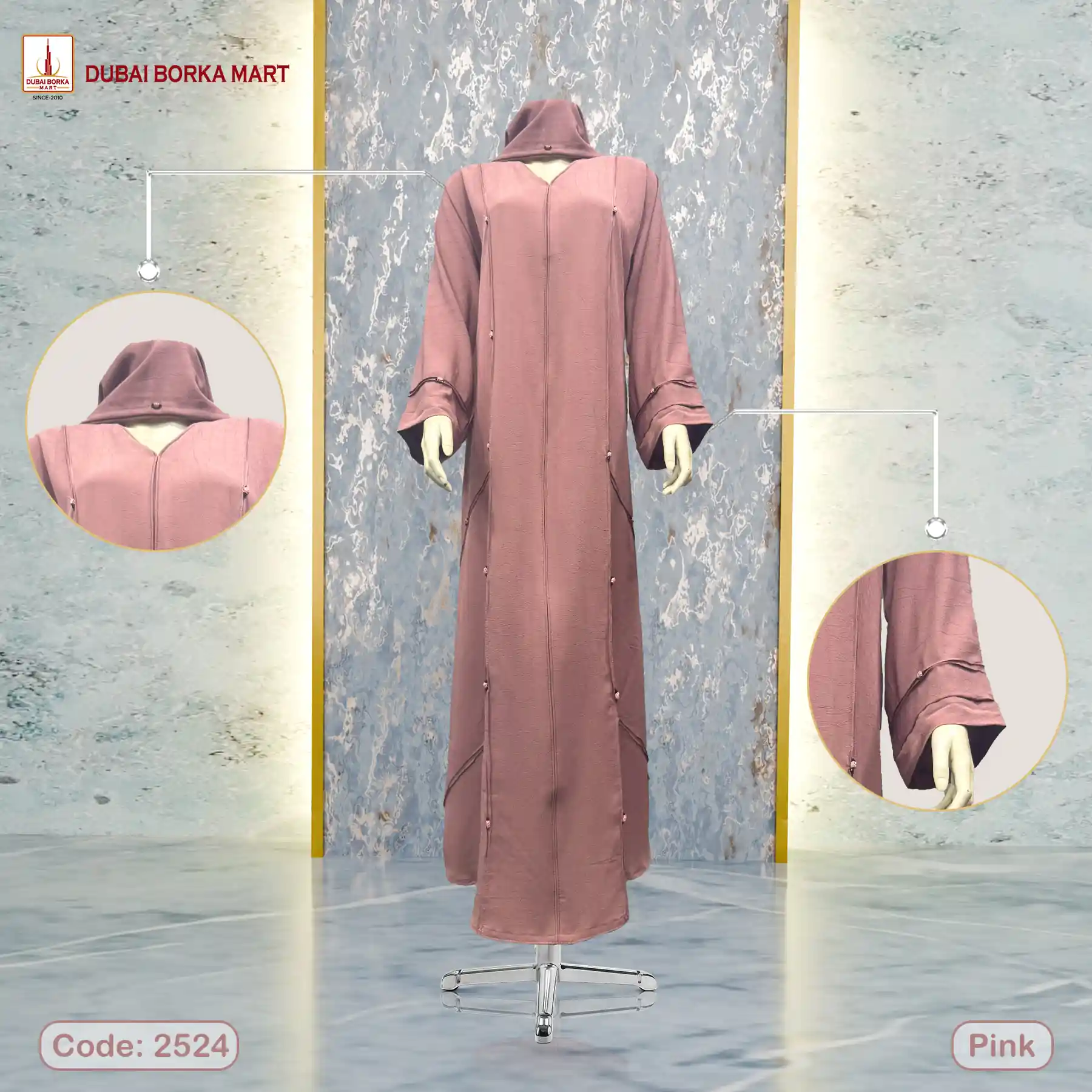 Dubai Arrowa Fabrics Borka With Karchupi Work, Code: 2524, Pink