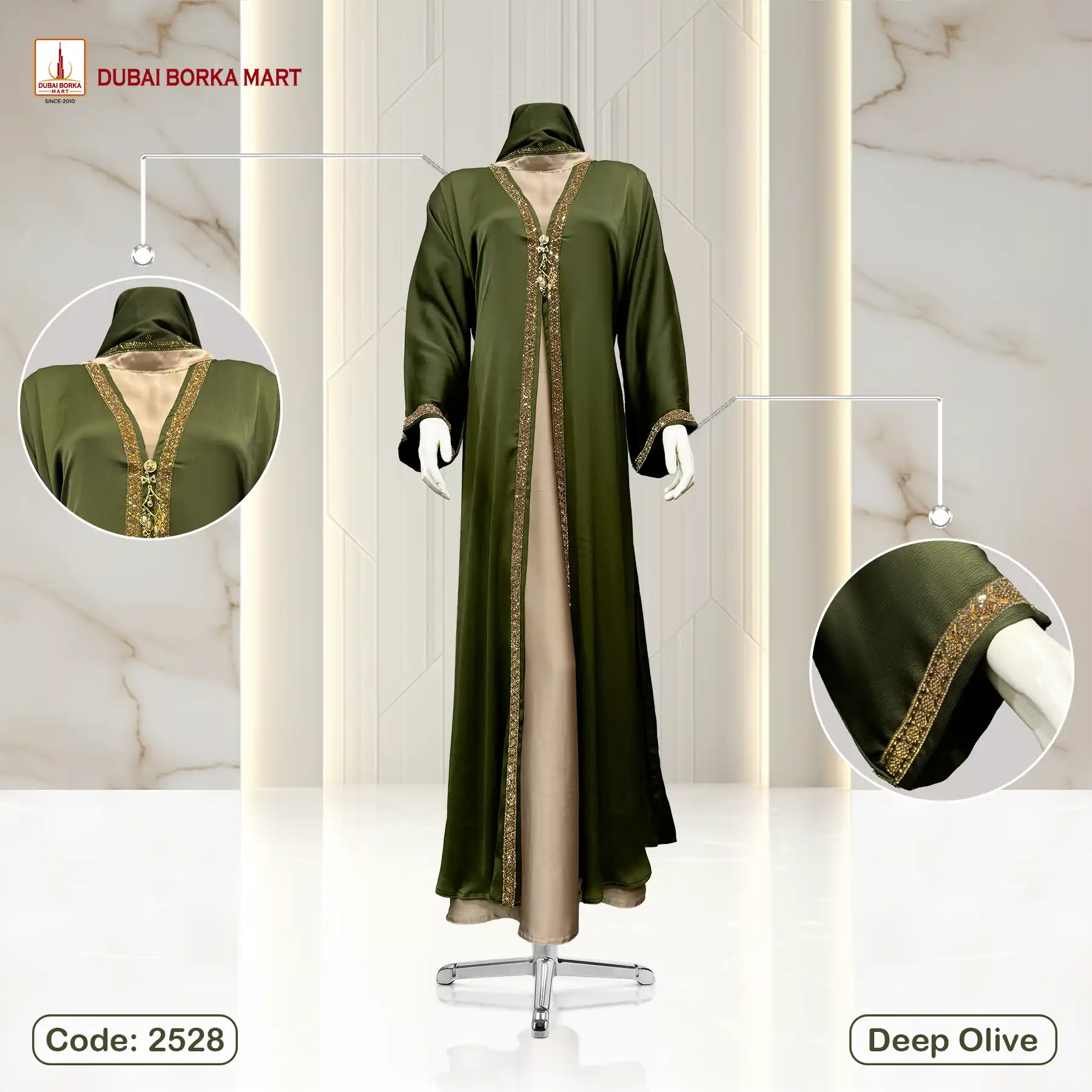 Saffron Fabrics Borka With Extra Koti, Code: 2528, Deep Olive