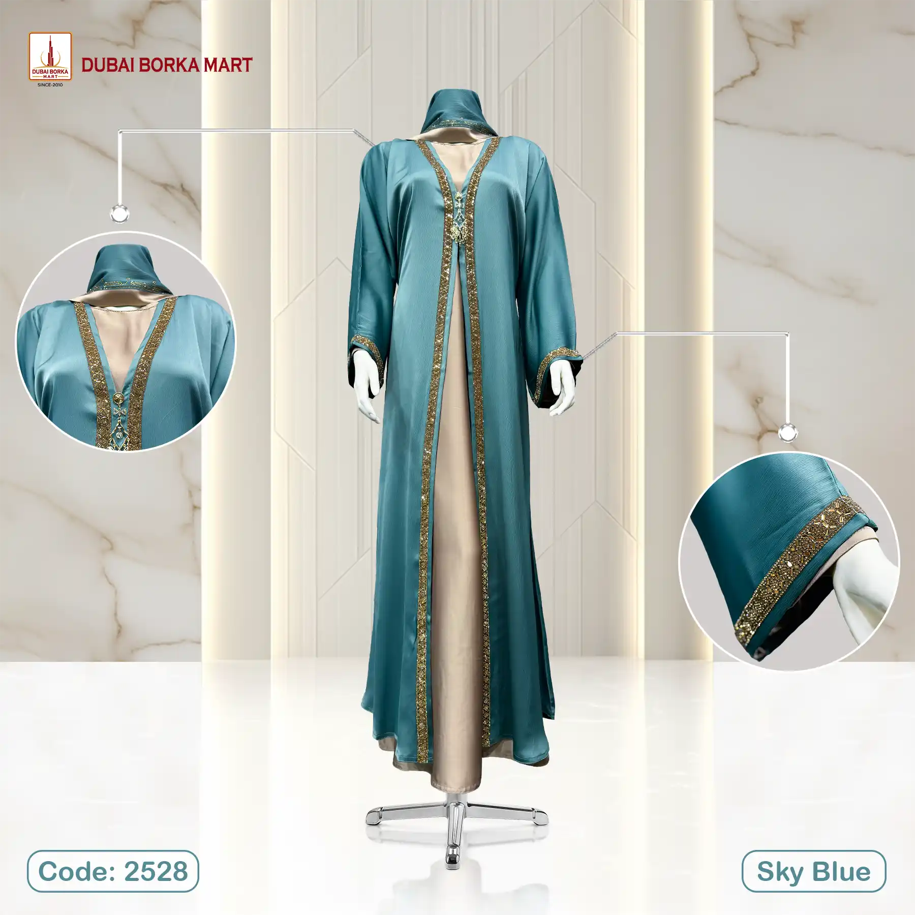 Saffron Fabrics Borka With Extra Koti, Code: 2528, Sky Blue
