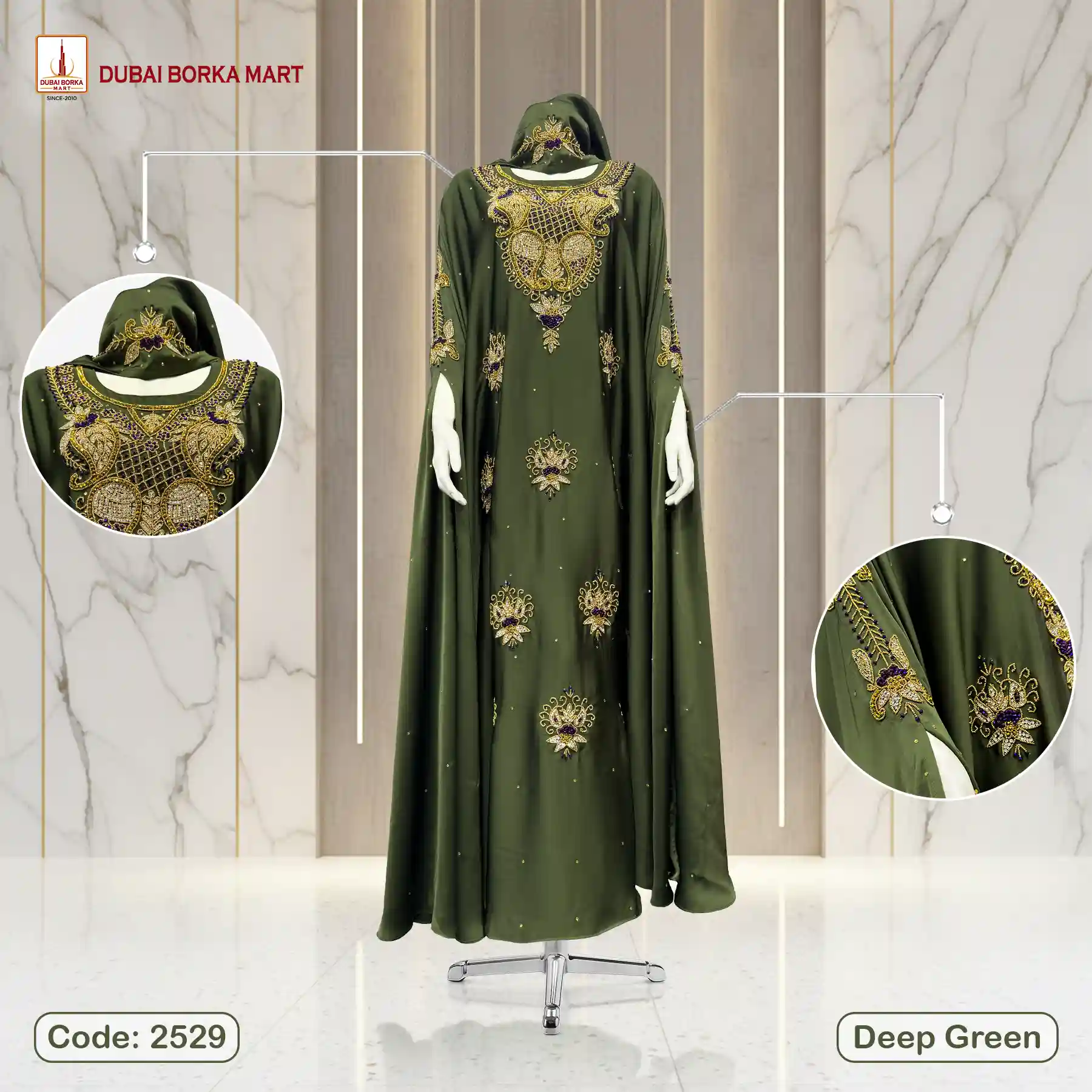 Premium Crystal Fabrics Handmade Luxury Karchupi Work Abaya Code: 2529, Deep Green