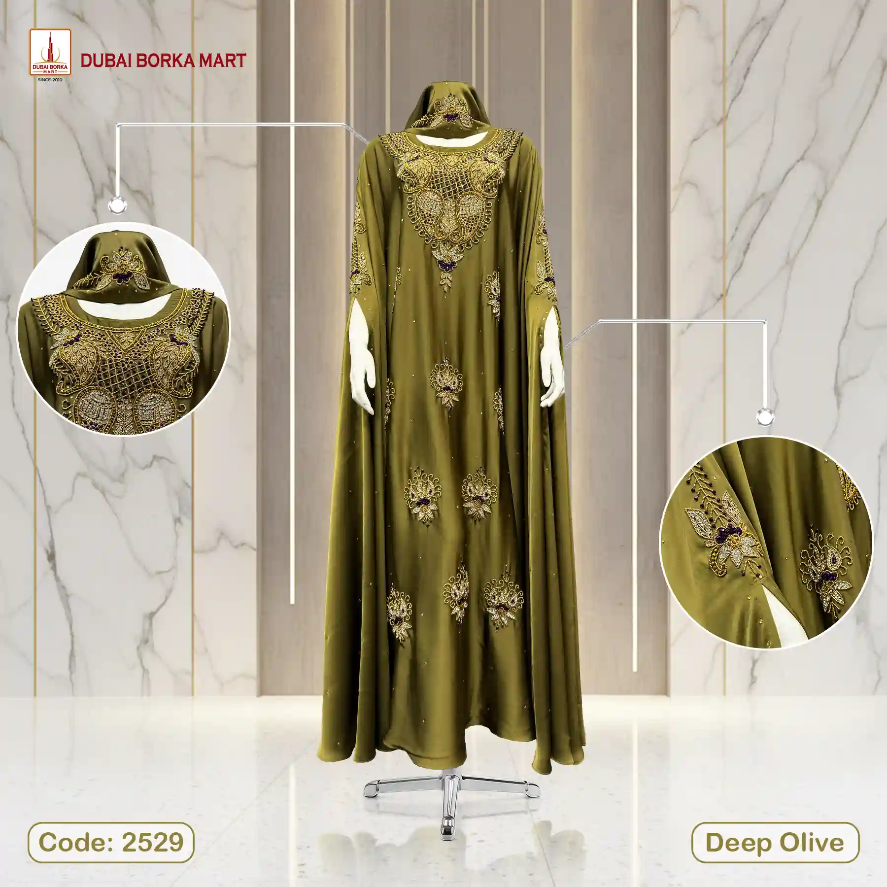 Premium Crystal Fabrics Handmade Luxury Karchupi Work Abaya Code: 2529, Deep Olive