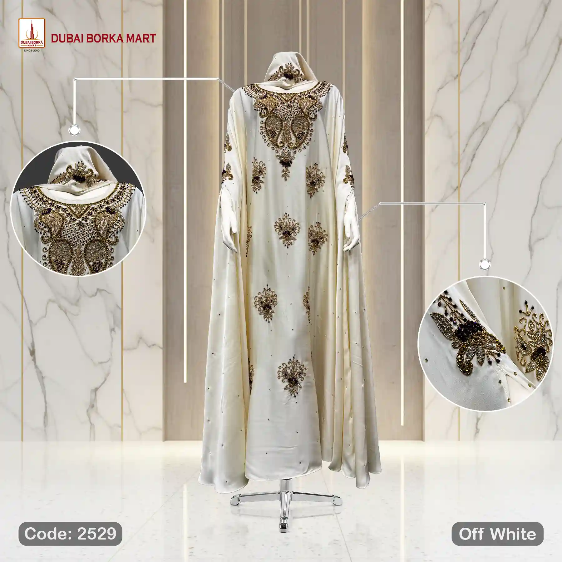 Premium Crystal Fabrics Handmade Luxury Karchupi Work Abaya Code: 2529, Off White