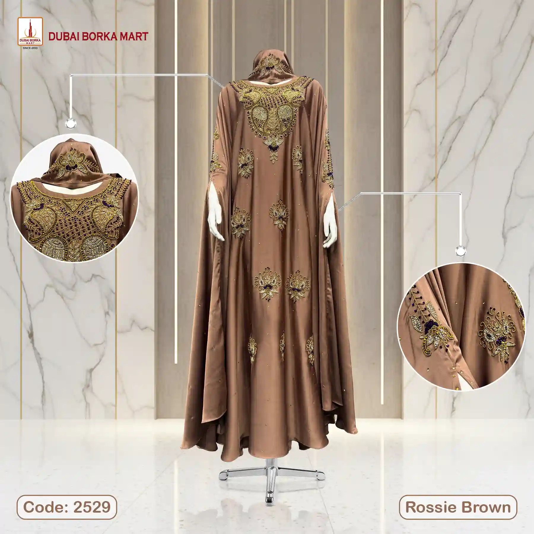 Premium Crystal Fabrics Handmade Luxury Karchupi Work Abaya Code: 2529, Rossie Brown