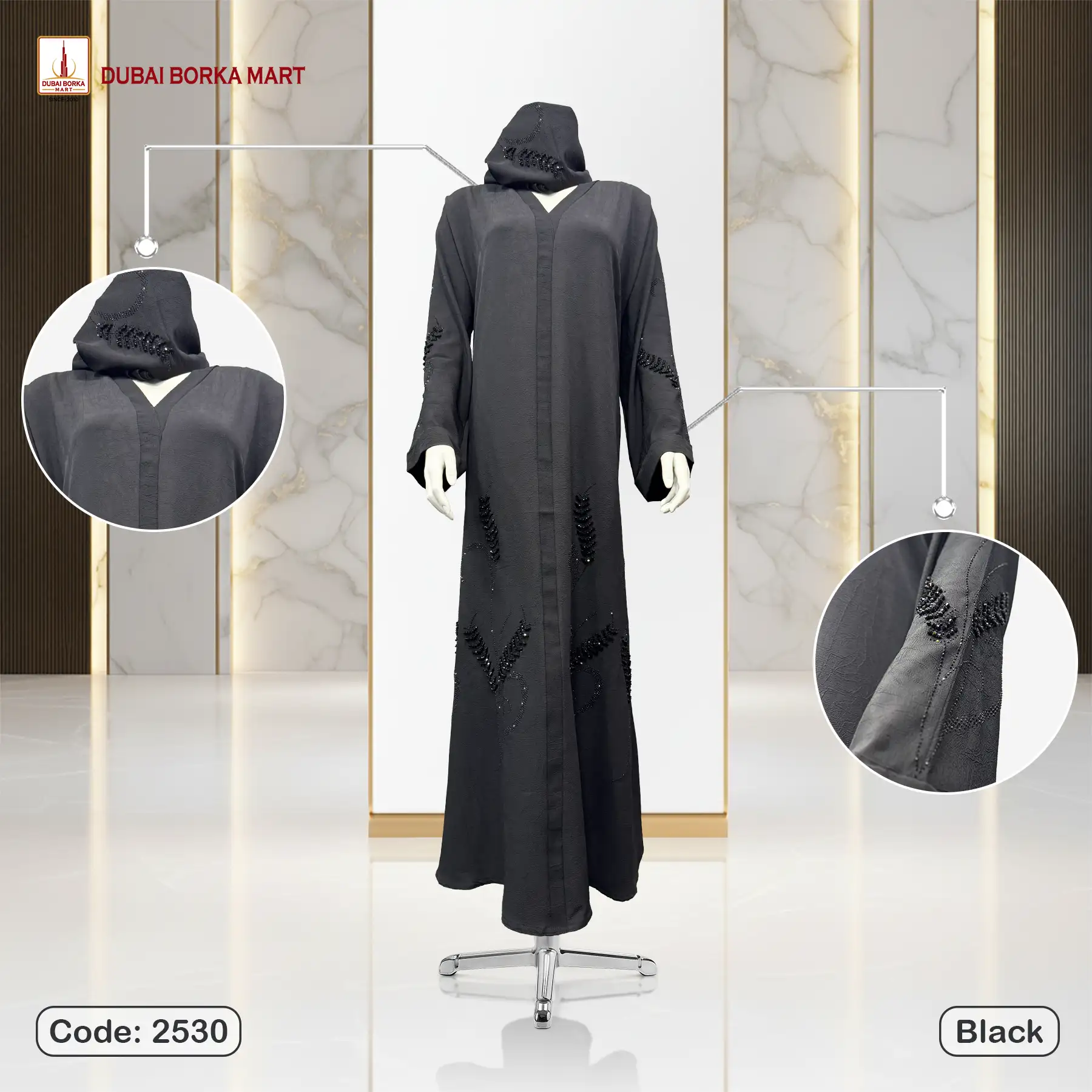 Dubai Arrowa Fabrics Handmade Karchupi Work Borka Code: 2530, Black