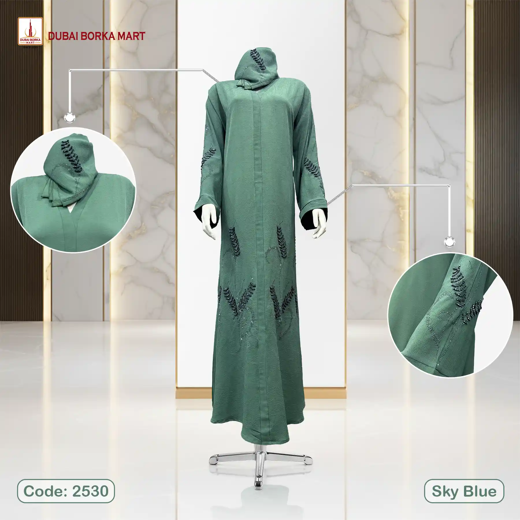 Dubai Arrowa Fabrics Handmade Karchupi Work Borka Code: 2530, Sky Blue
