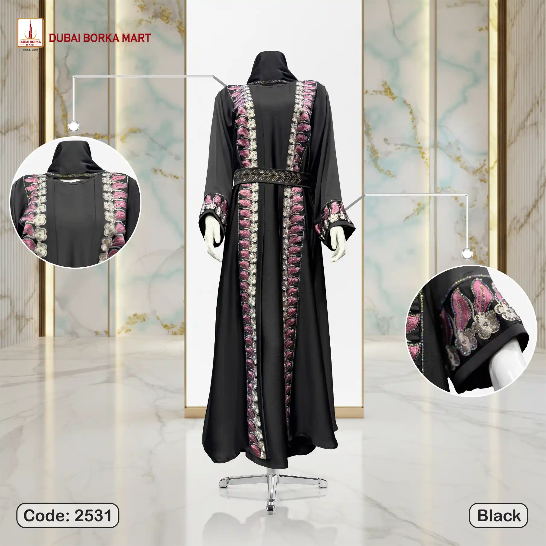 Saffron Fabrics Extra Koti Borka With Handmade Embroidery Lace & DMC Rainbow Stone Work- Code: 2531, Black