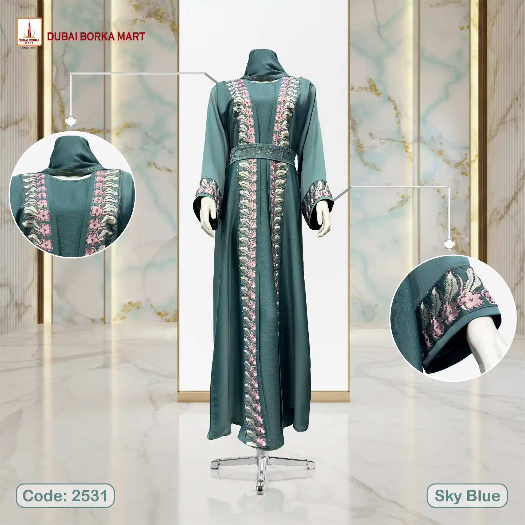 Saffron Fabrics Extra Koti Borka With Handmade Embroidery Lace & DMC Rainbow Stone Work- Code: 2531, Sky Blue