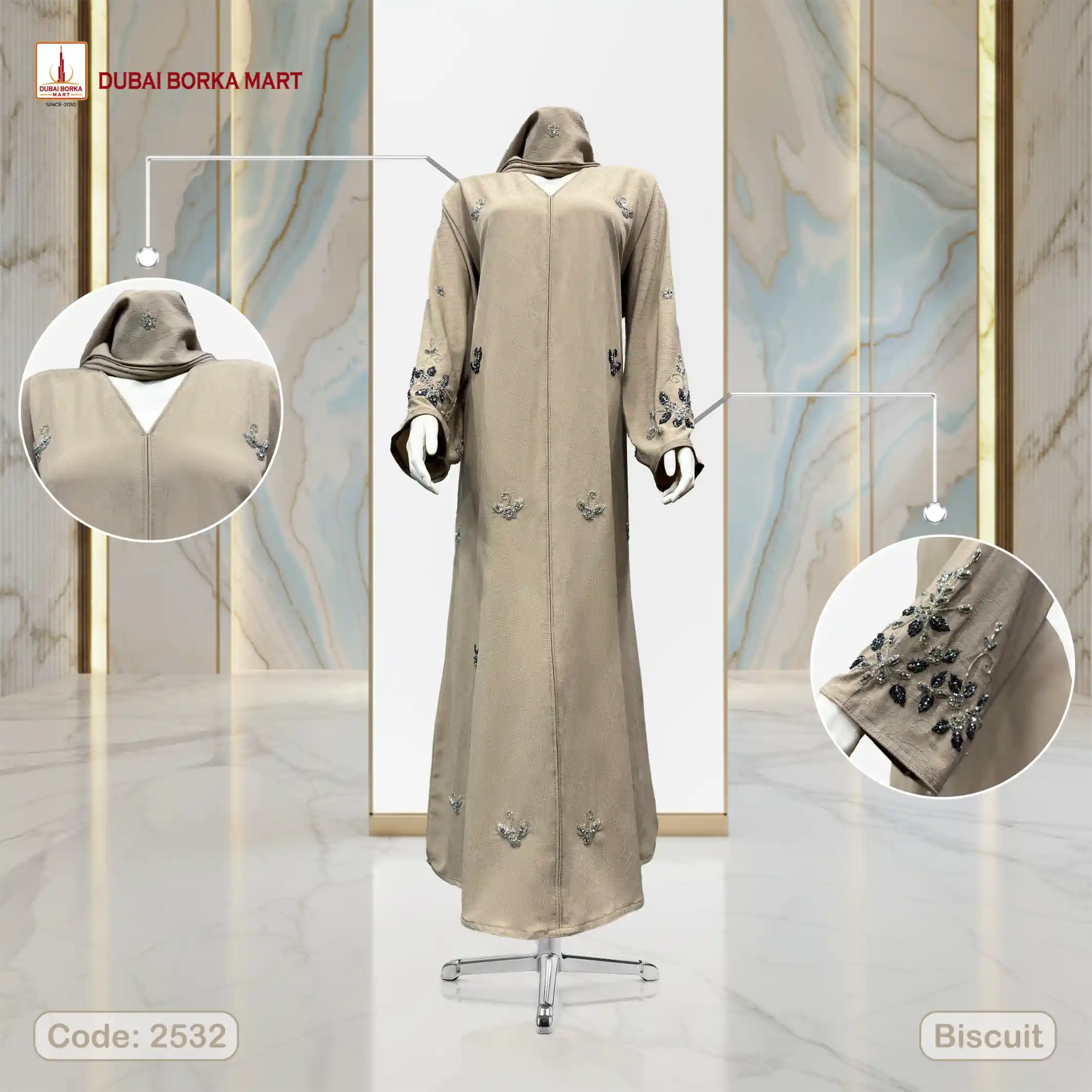 Premium Dubai Arrowa Fabrics Handmade Karchupi Work Borka Code: 2532, Biscuit