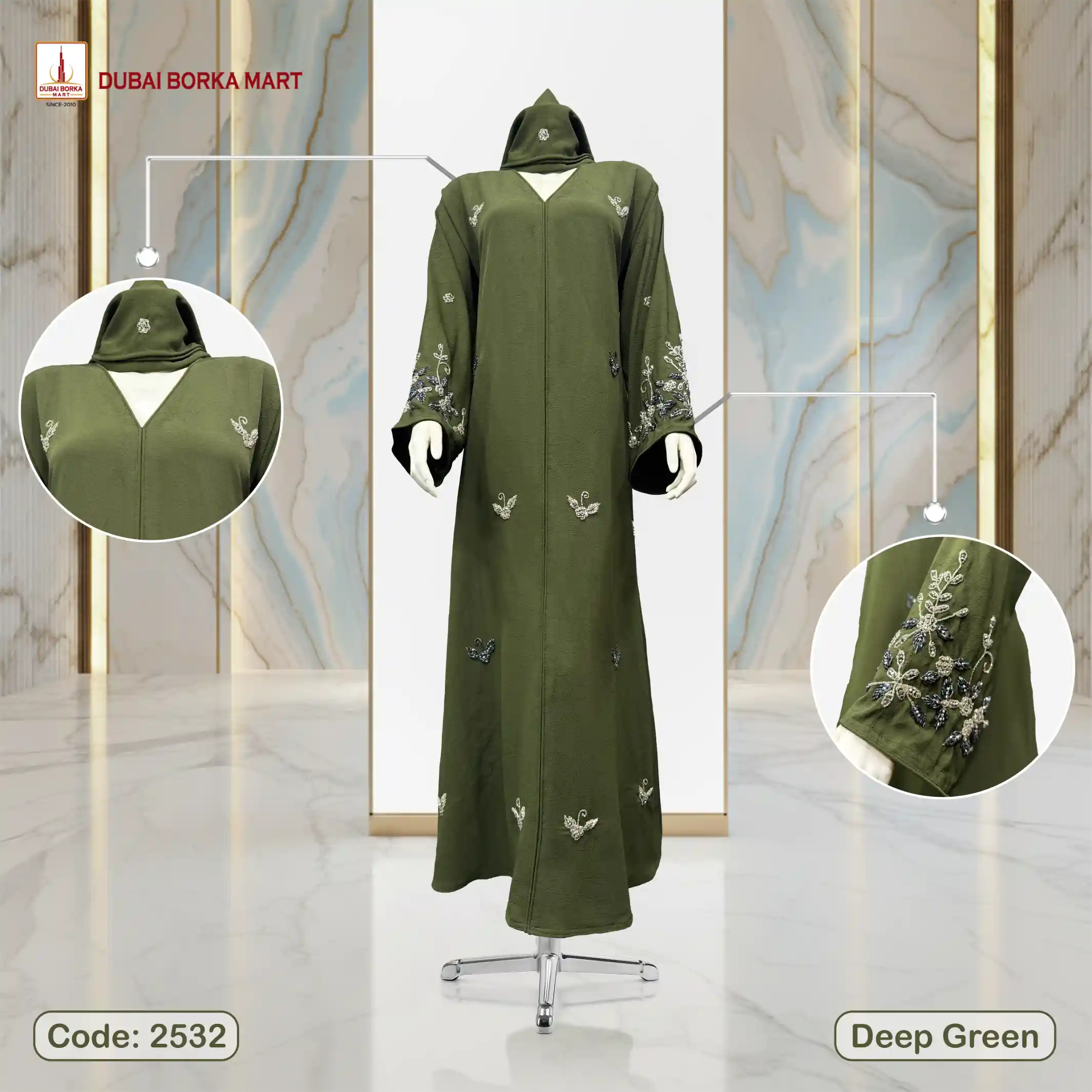 Premium Dubai Arrowa Fabrics Handmade Karchupi Work Borka Code: 2532, Deep Green