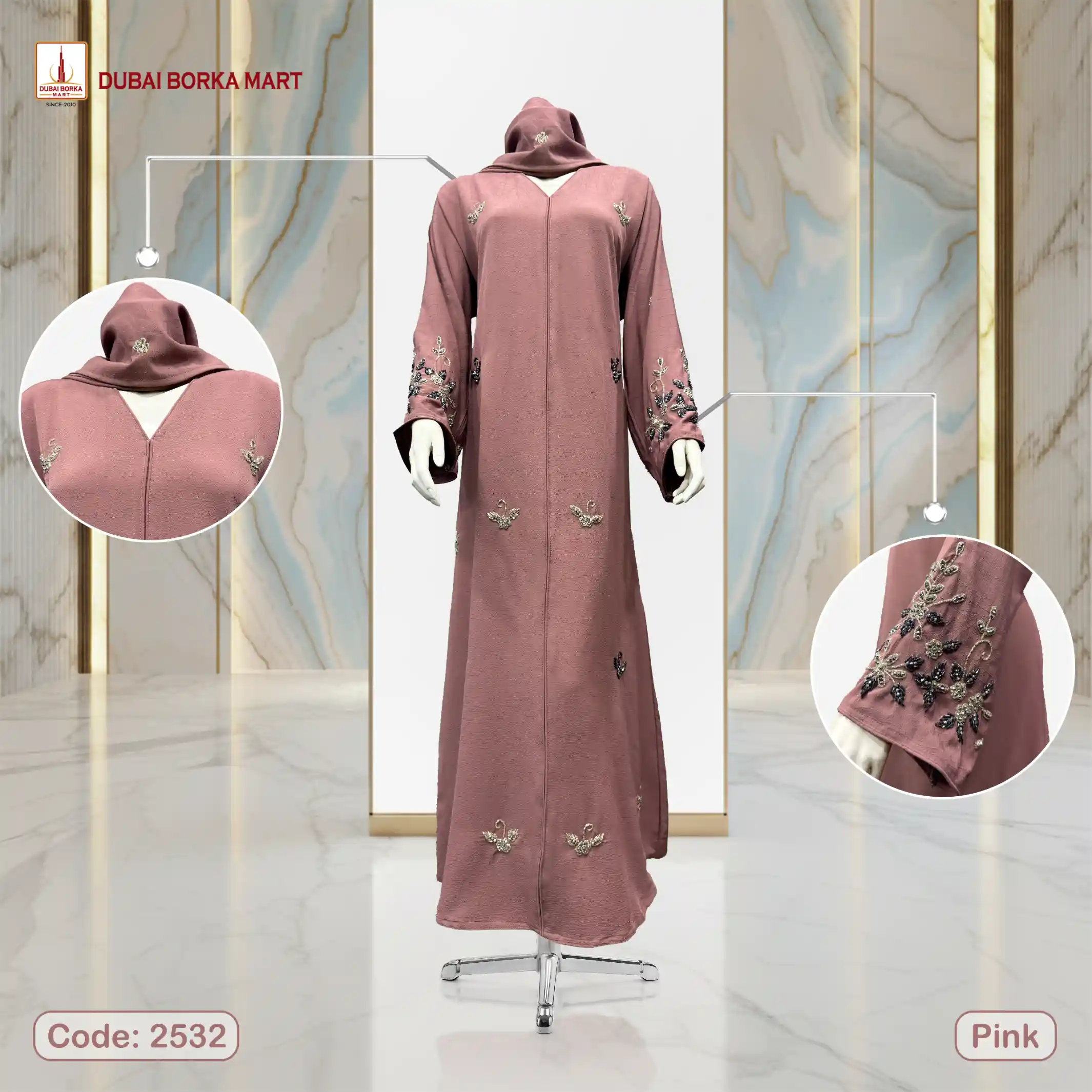Premium Dubai Arrowa Fabrics Handmade Karchupi Work Borka Code: 2532, Pink