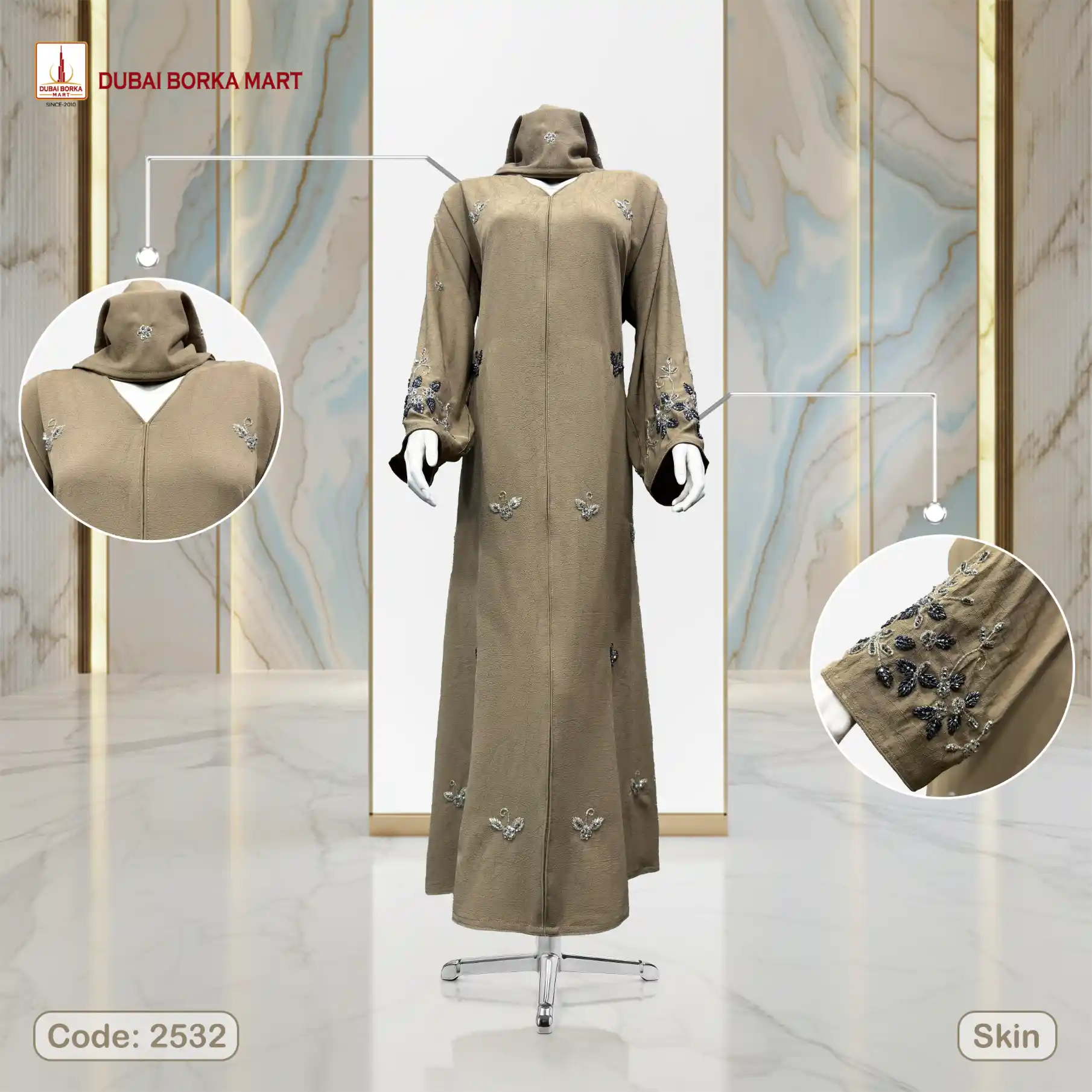Premium Dubai Arrowa Fabrics Handmade Karchupi Work Borka Code: 2532, Skin