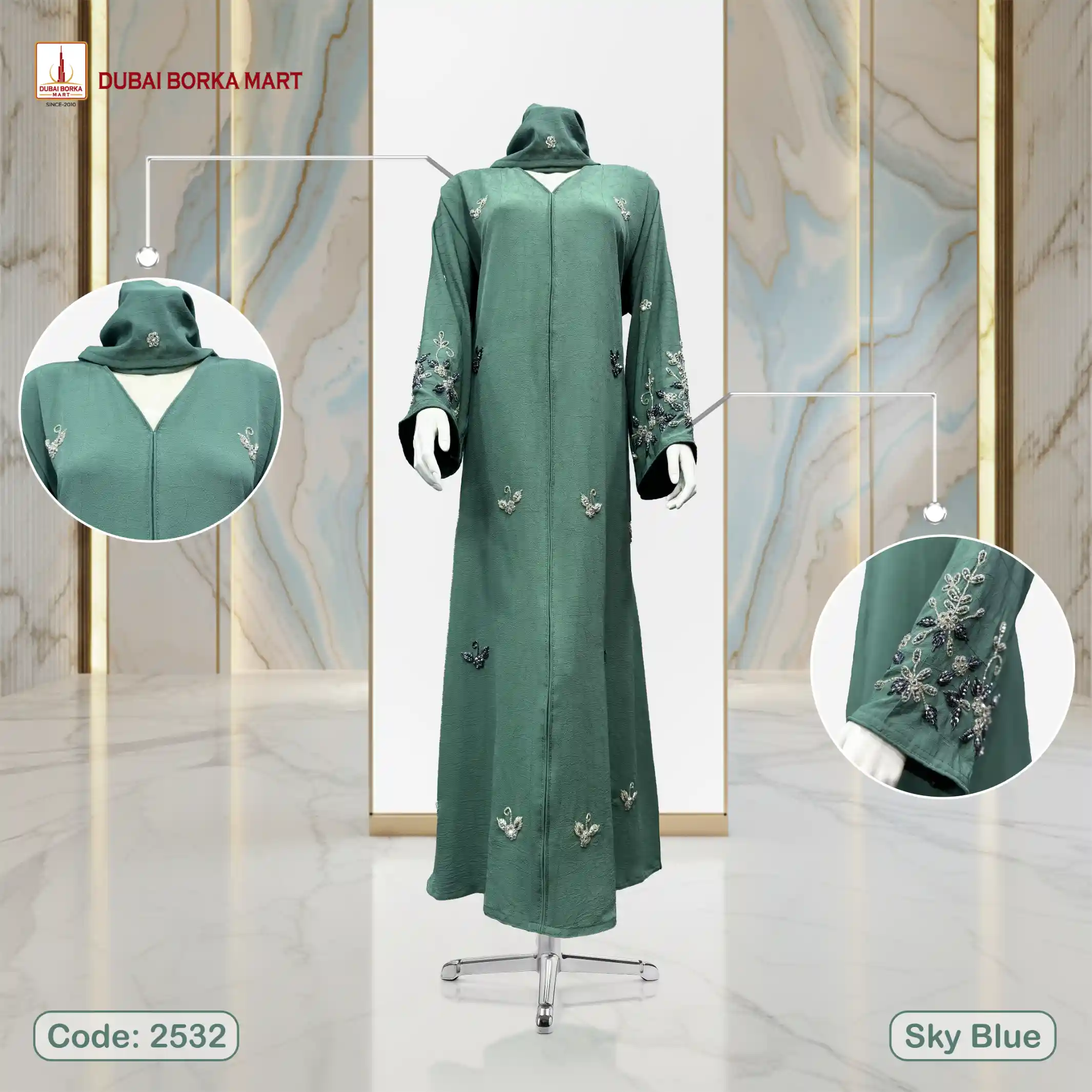 Premium Dubai Arrowa Fabrics Handmade Karchupi Work Borka Code: Sky Blue