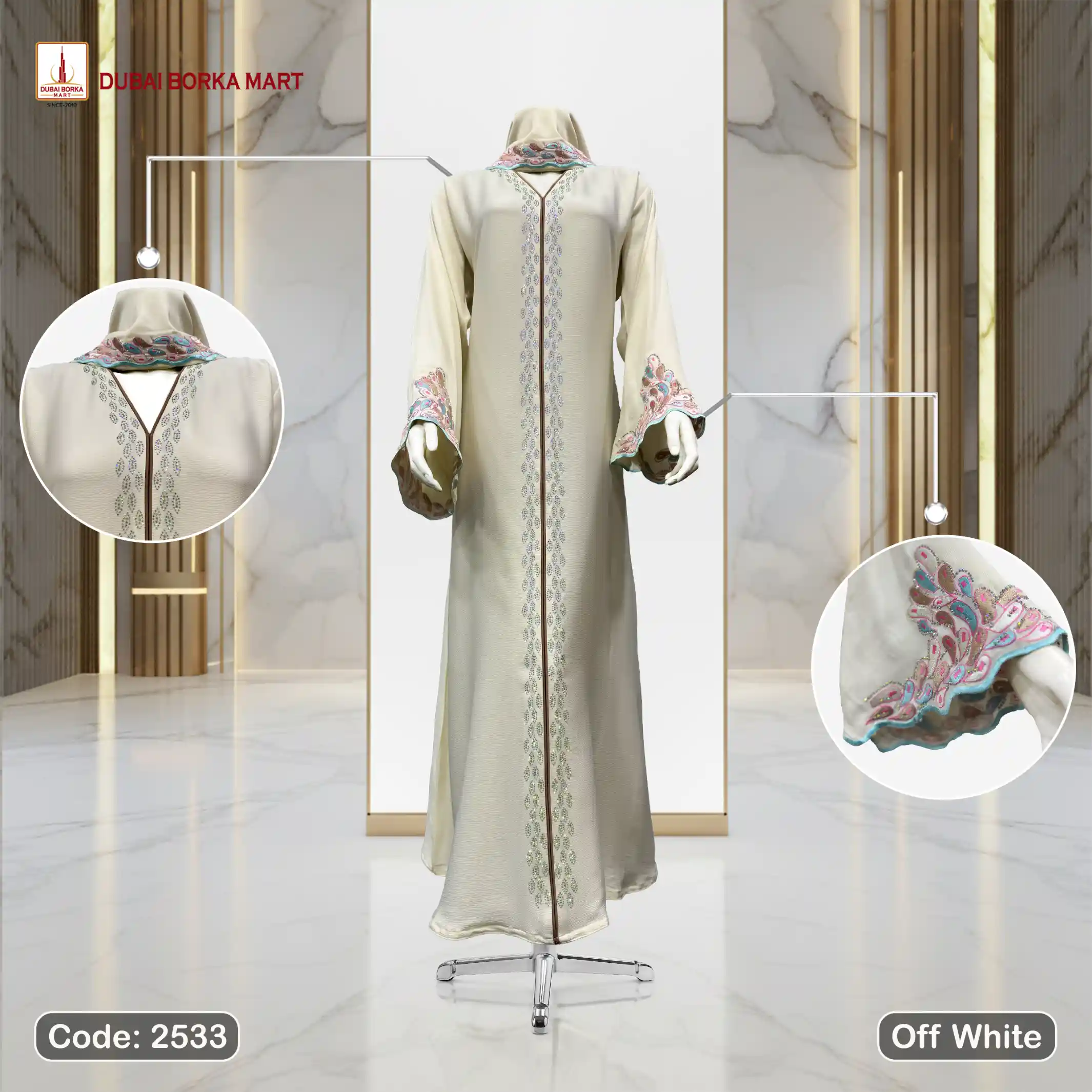 Premium Saffron Fabrics Borka With Luxury Handmade Embroidery & MC Stone Work- Code: 2533, Off White