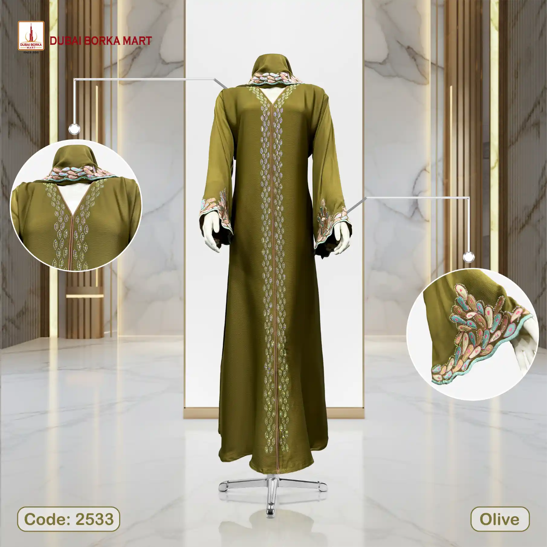Premium Saffron Fabrics Borka With Luxury Handmade Embroidery & MC Stone Work- Code: 2533, Olive