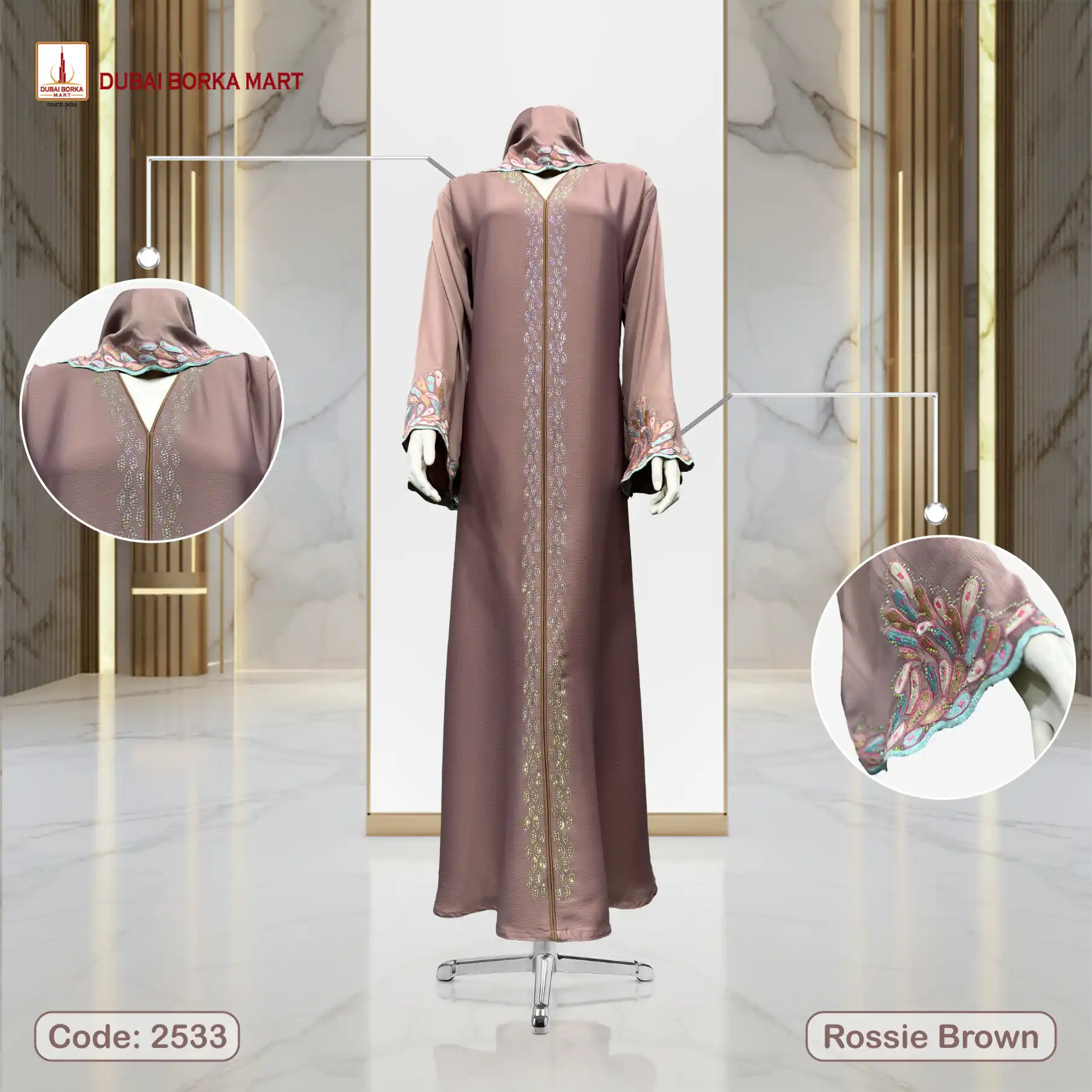 Premium Saffron Fabrics Borka With Luxury Handmade Embroidery & MC Stone Work- Code: 2533, Rossie Brown