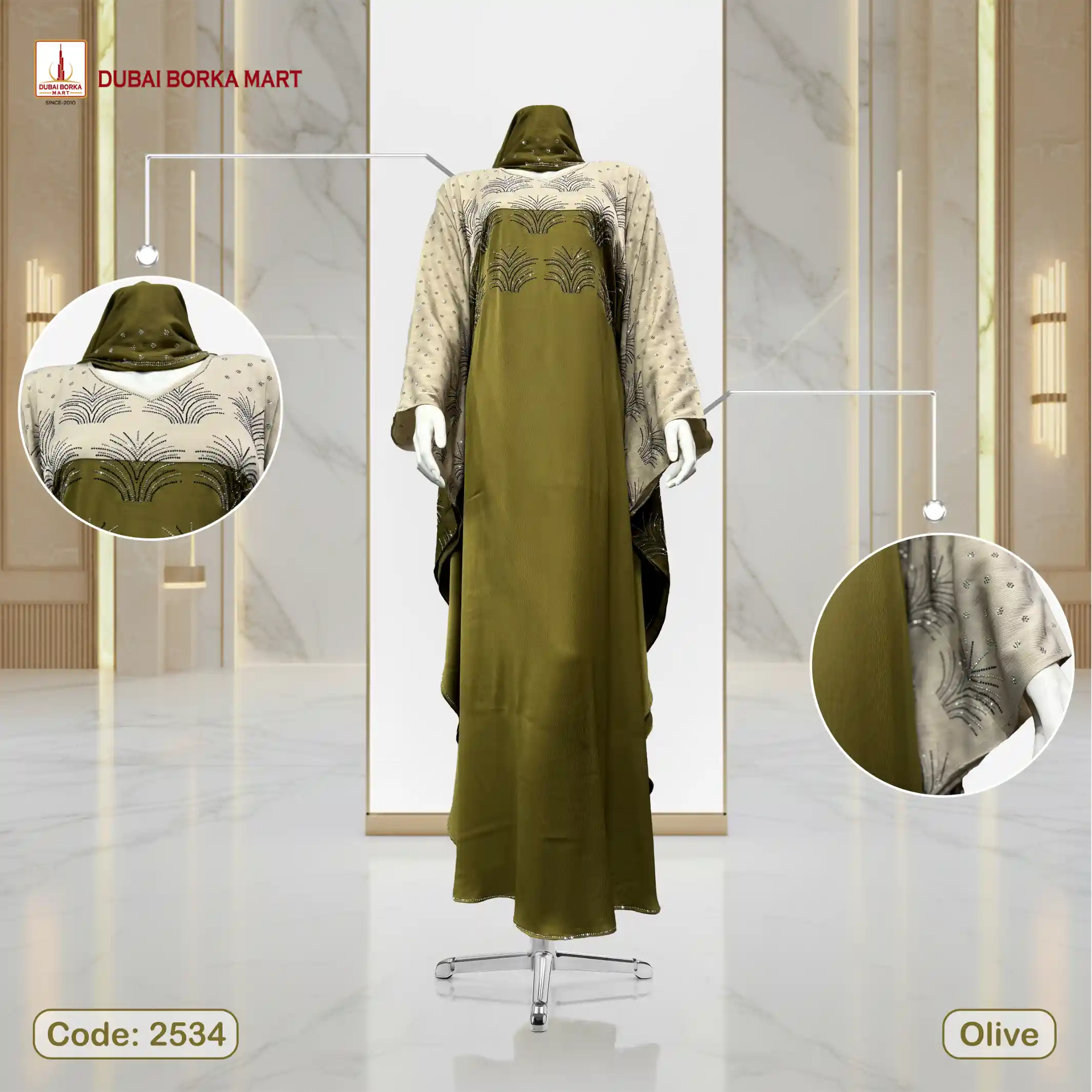 Premium Saffron Fabrics Contrast Abaya with Rose & DMC Stone Work, Code: 2534, Olive