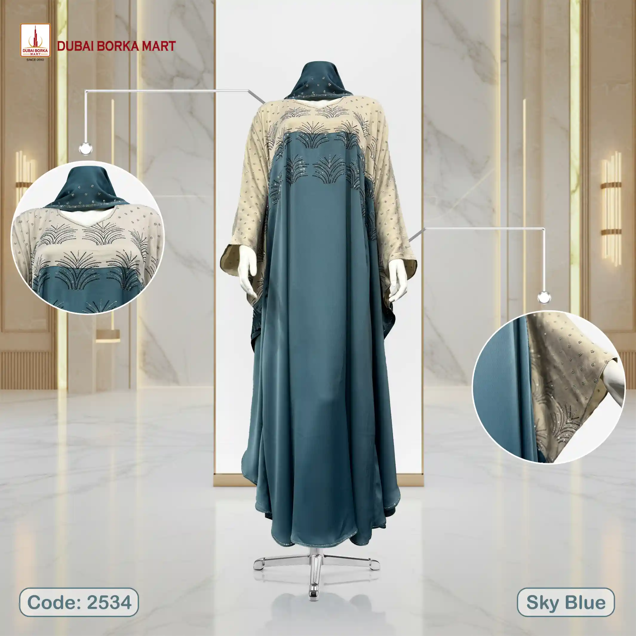 Premium Saffron Fabrics Contrast Abaya with Rose & DMC Stone Work, Code: 2534, Sky Blue
