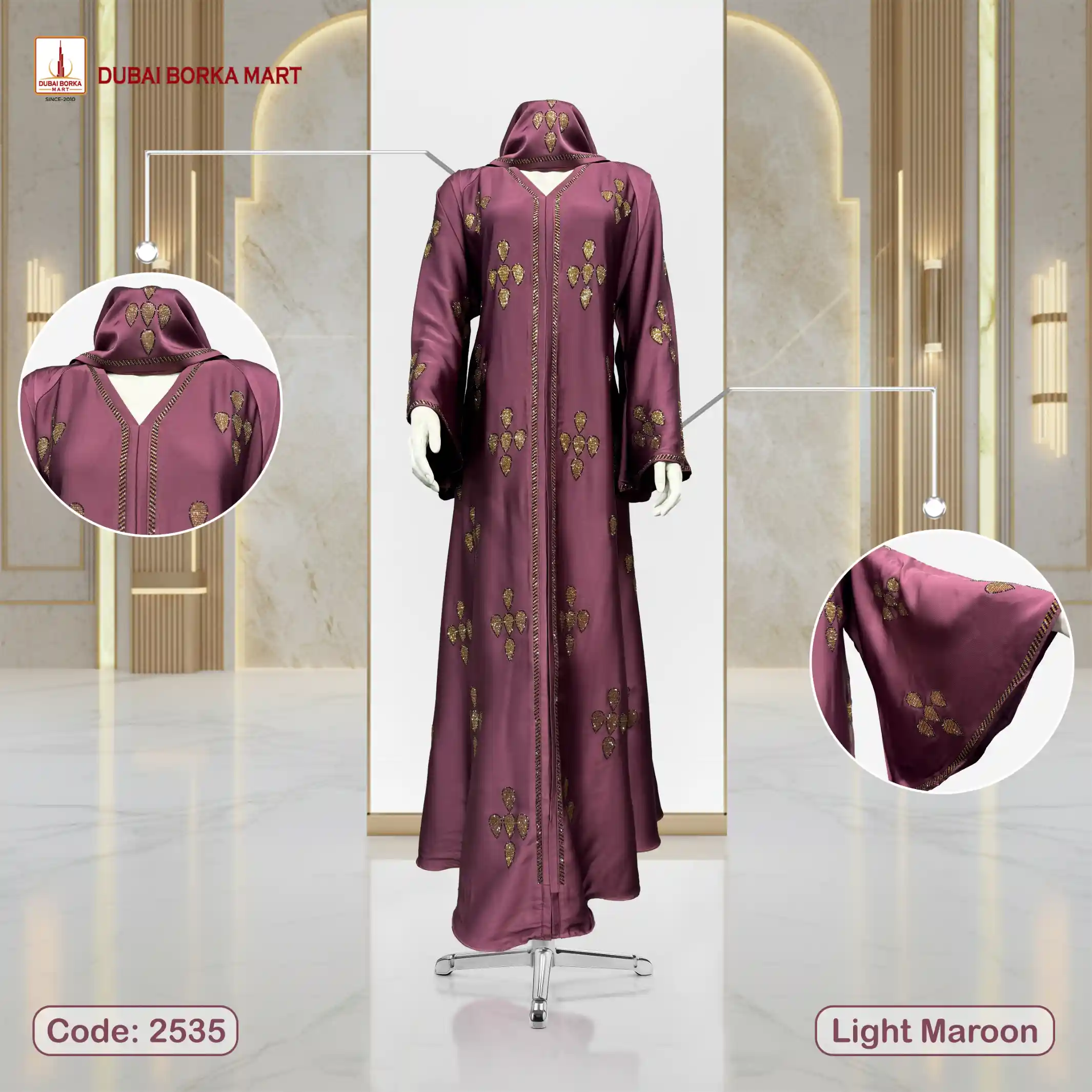 Premium Crystal Fabrics Borka with DMC Stone Work Code:2535, Light Maroon