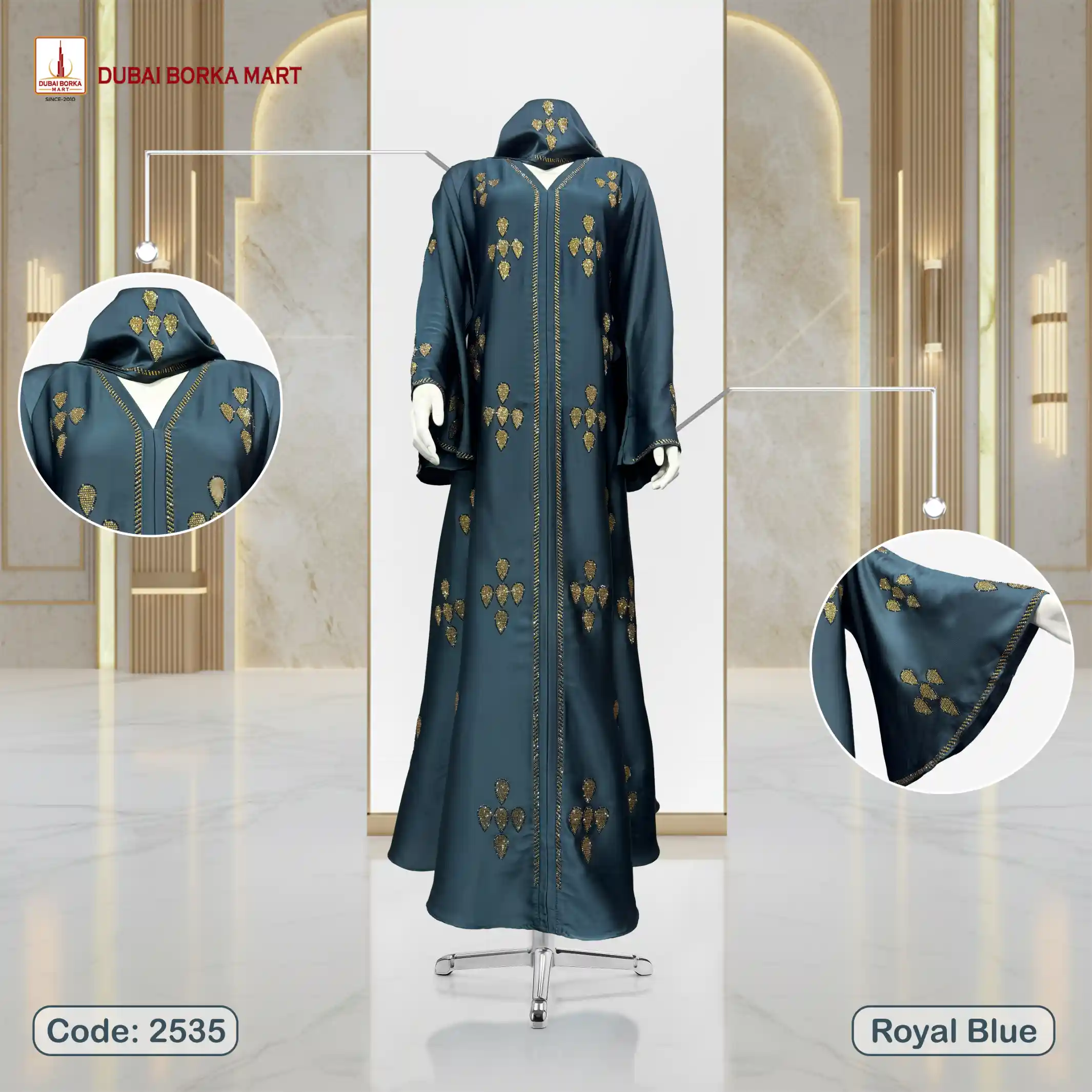 Premium Crystal Fabrics Borka with DMC Stone Work Code:2535, Royal Blue