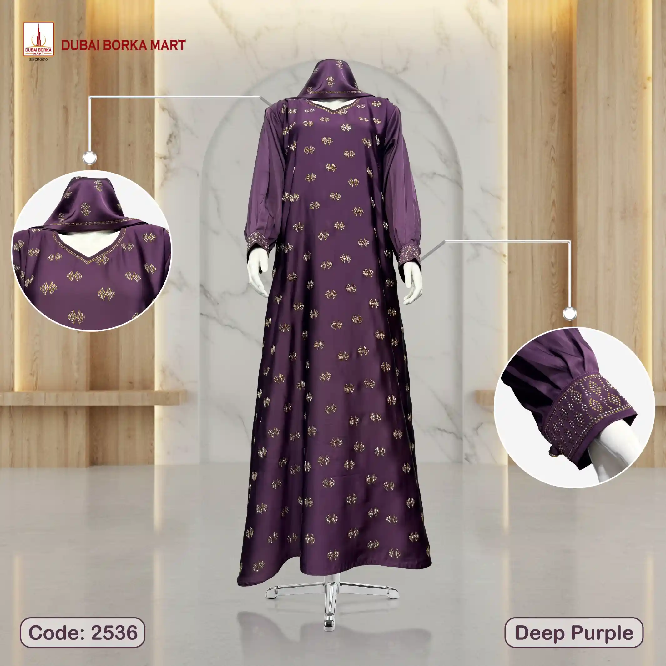 Premium Crystal Fabrics Cuff Sleeves Borka With Exclusive Rose Stone + DMC Stone Work - Code: 2536, Deep Purple
