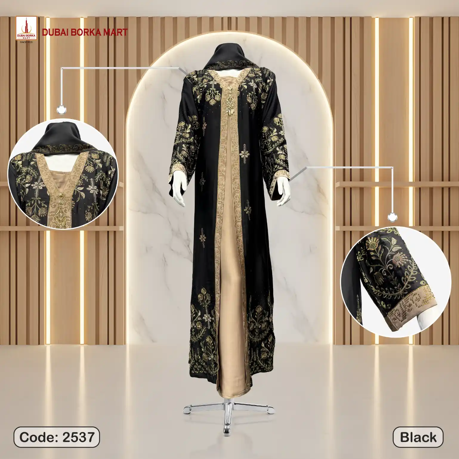 Premium Crystal Fabrics Adjust Koti Borka With Luxury Embroidery & DMC Stone Work - Code: 2537, Black