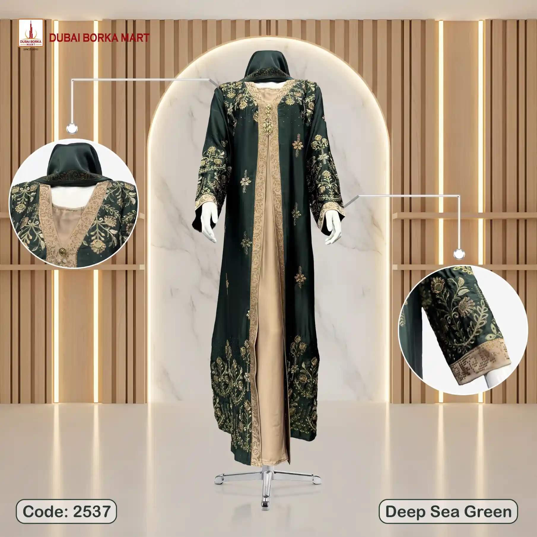 Premium Crystal Fabrics Adjust Koti Borka With Luxury Embroidery & DMC Stone Work - Code: 2537, Deep Sea Green
