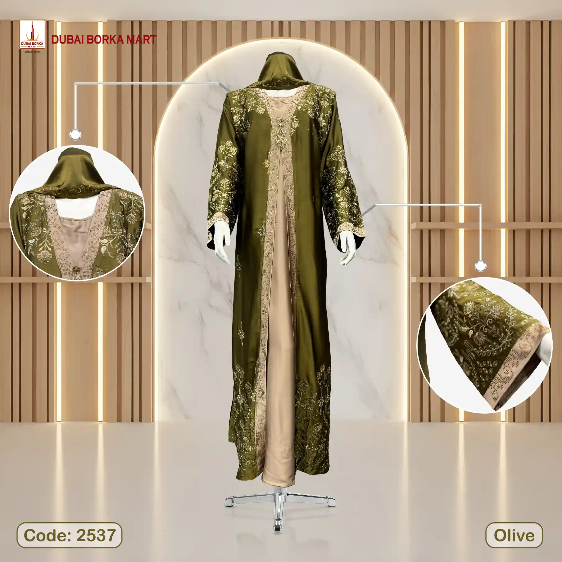 Premium Crystal Fabrics Adjust Koti Borka With Luxury Embroidery & DMC Stone Work - Code: 2537, Olive
